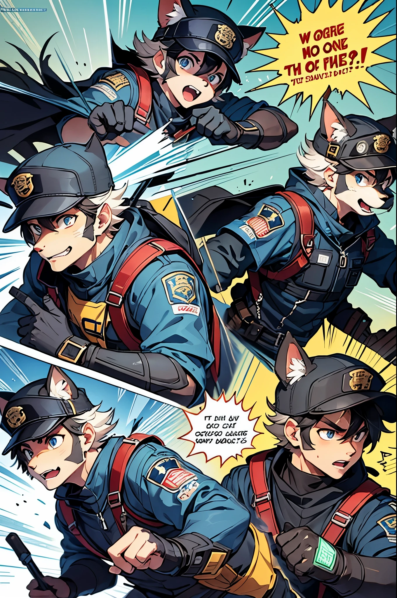 top quality, best quality, highres, masterpiece, super high resolution, detailed background, street, gasping for air(super handsome boys, dog)police officer, swat, police uniform, 6+boys, 6+girls, absurdres(highly detailed beautiful face and eyes)perfect anatomy, good lighting, cinematic shadow(kemono, furry anthro)assorted expressions, assorted poses, assorted angles, full body, upper shot, dynamic angle(boys comic-like panel layouts, speech balloon, English text, Hand-drawn sound effects stickers used in battle comic),