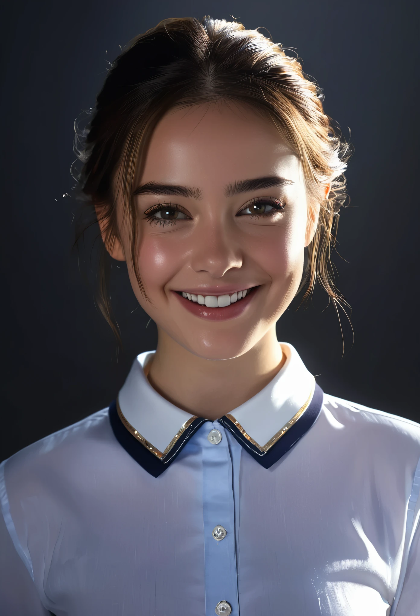 best quality, masterpiece, (photorealistic:1.4), 1girl, light smile, shirt with collars, waist up, dramatic lighting, from below