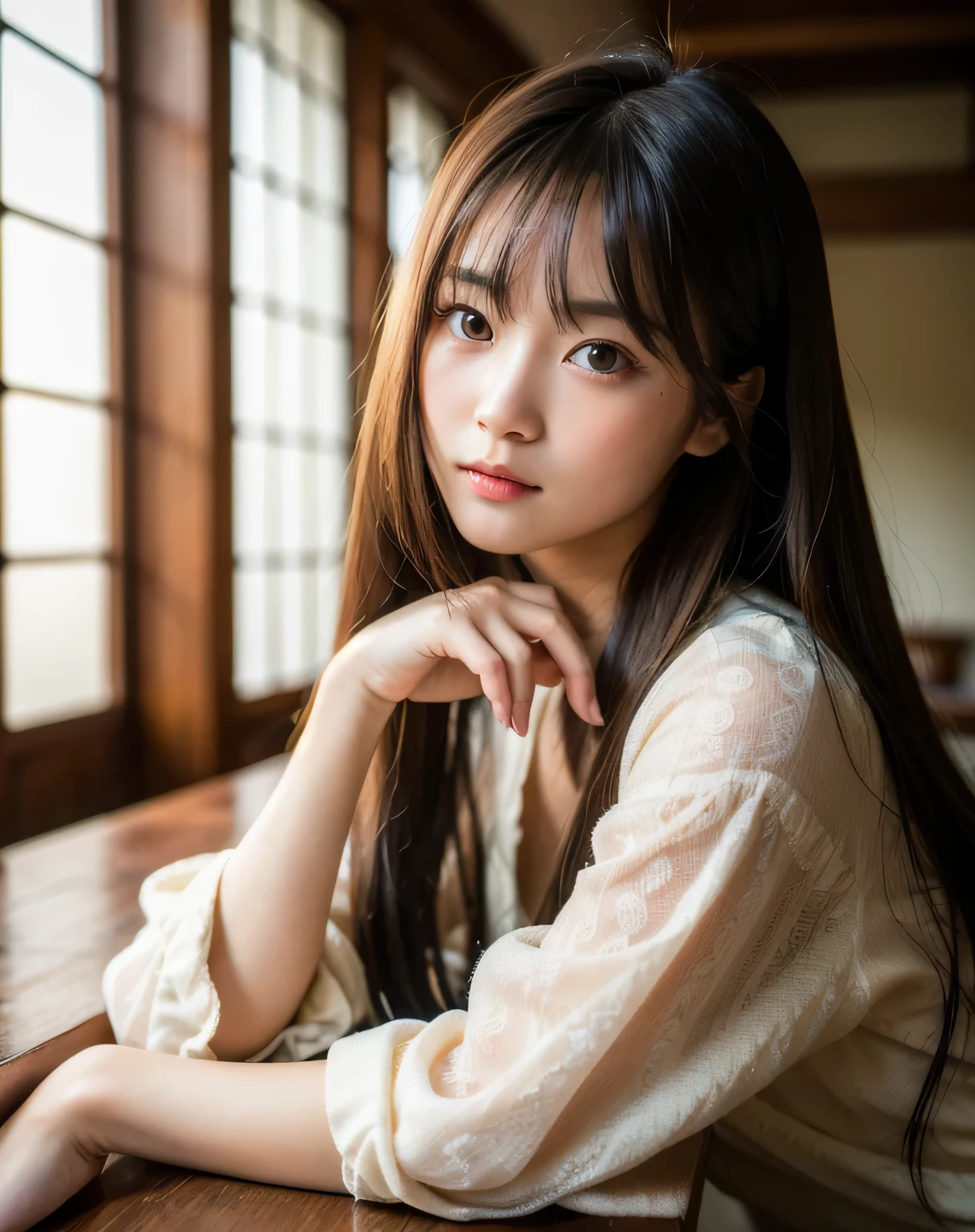 best quality, face focus, soft light, ultra high res, (photorealistic:1.4), RAW photo,
1japanese girl, solo, cute, (pupil, lights in the eyes), detailed beautiful face, (),(high resolution detail of human skin texture),
(long hair),
indoor,
Damask Shirt Dress,
(portrait)