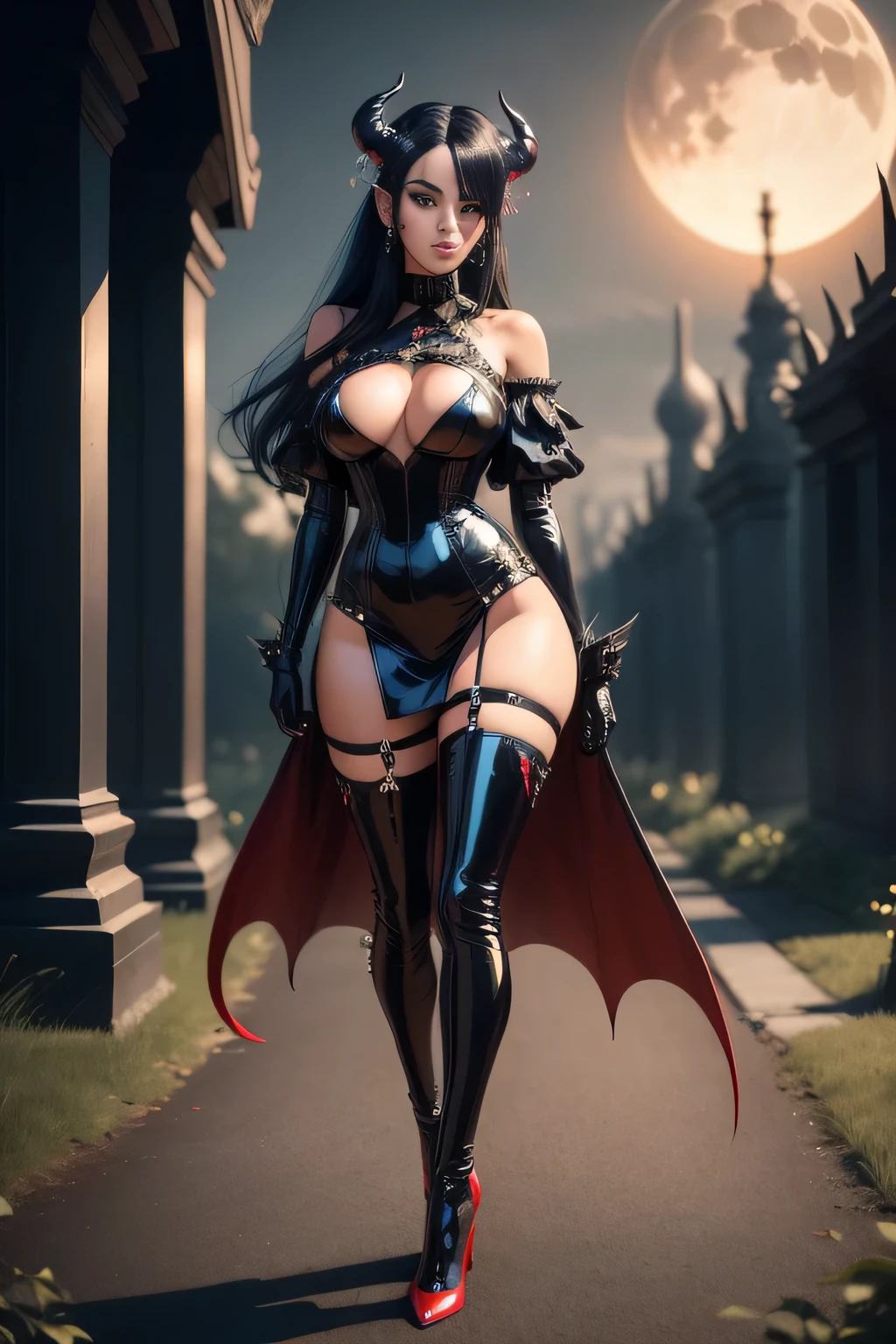 best quality, (RAW photo:1.2), (masterpiece:1.4), (photorealistic:1.4), (highres:1.4), (full body posture)1girl, depth of field, Very beautiful succubus with little red horns, intricately detailed, 8k, extremely detailed, perfect lighting, epic graveyard and full moon background, solo, super fine photo, portrait digital art Unreal Engine 5 8K UHD of a girl, concept art, character concept design, rubber gothic clothes, vampire queen, wearing black latex bodysuit with straps and belts, long red atex gloves with straps, latex high heels, long hair, seduce face, fantasy fashion design, walking in graveyard, night time background, best quality, masterpiece, super detailed, sharp focus, female pose