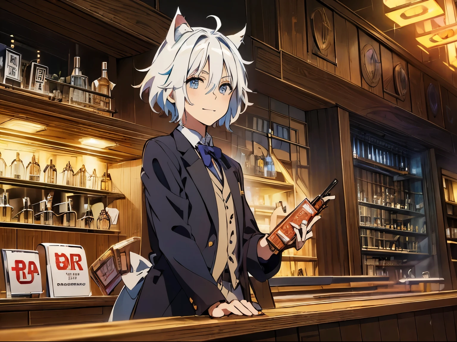 (highest quality), (masterpiece), 1080p, hd, 4k, 8K, masterpiece, (magicとテクノロジーが共存する世界:1.5), Cat ear少年(gray hair, short hair) ，(man:1.9)，(Cat ear:1.5)，Hone your skills，beautiful eyes、depicted in detail. The magician makes the most of the potential of his abilities....，私たちは現代magicの真の可能性を解き放つ方法を学ばなければなりません, (bar counter:1.9)，(cocktail:1.5)，magic:1.5，tuxedo，evil smile