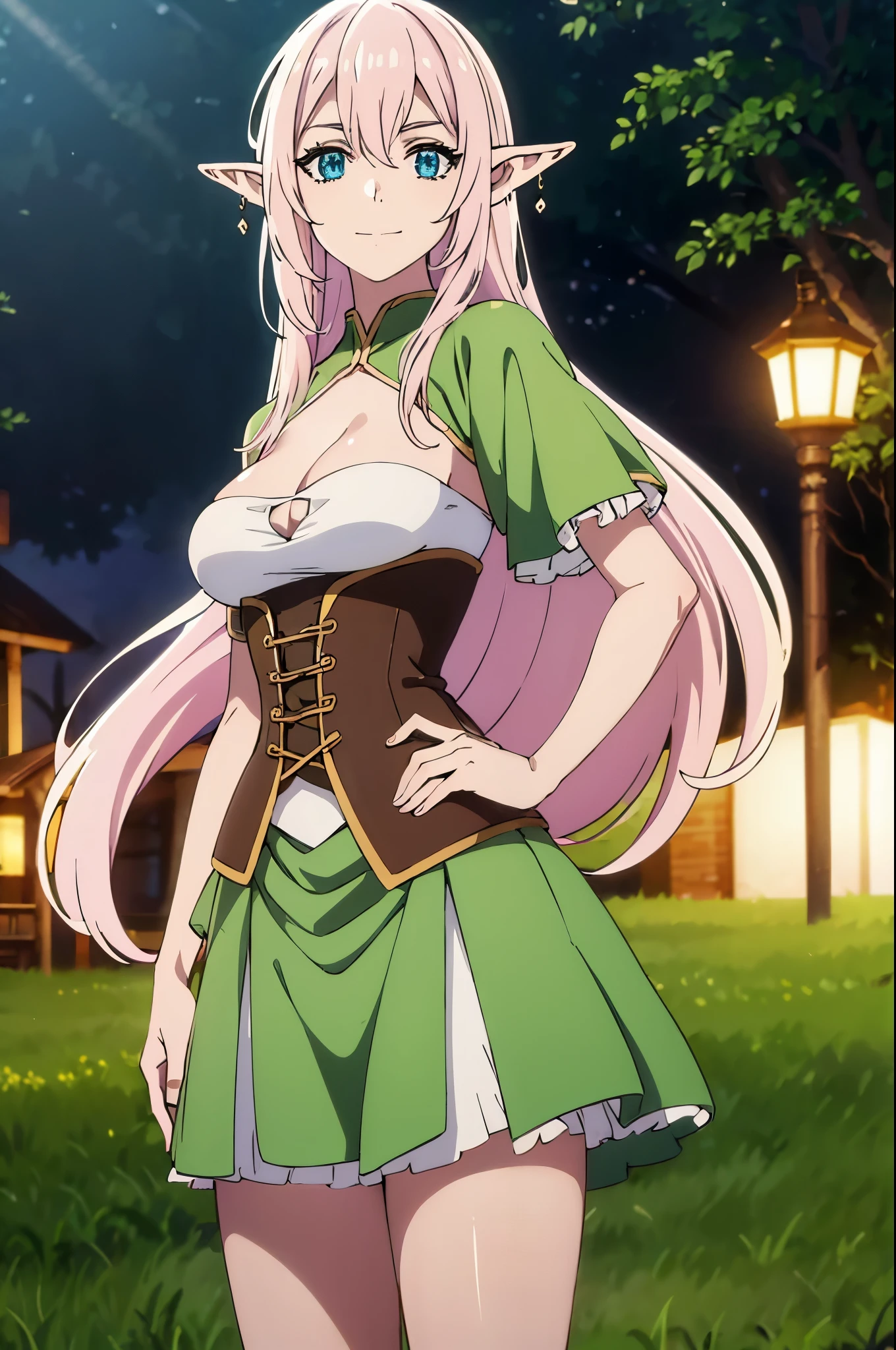 yarandrala, yarandrala, long hair, bangs, blue eyes, hair between eyes, very long hair, pink hair, pointy ears, elf, smile, BREAK gloves, cleavage, jewelry, earrings, corset, dress, green dress, pelvic curtain, BREAK outdoors, BREAK looking at viewer, (cowboy shot:1.5), BREAK (masterpiece:1.2), best quality, high resolution, unity 8k wallpaper, (illustration:0.8), (beautiful detailed eyes:1.6), extremely detailed face, perfect lighting, extremely detailed CG, (perfect hands, perfect anatomy),
