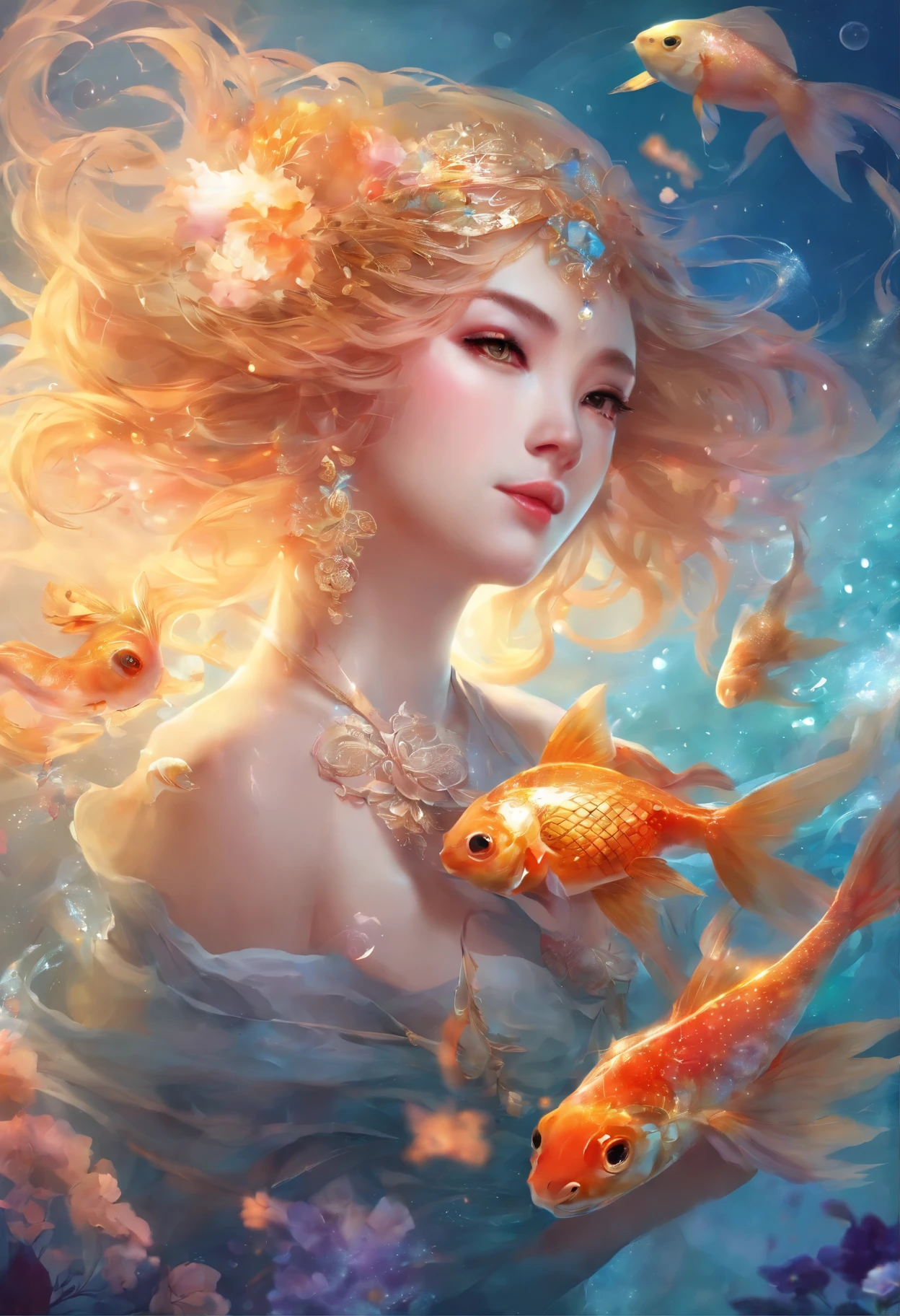 (best quality,4K,8K,high resolution,masterpiece:1.2),Super detailed,(actual,photoactual,photo-actual:1.37),style rendering,wallpaper design,bright colors,Bokeh,studio lighting,Physically based rendering,sharp focus,Artistic expression,seductive works,aesthetic appeal,visual stimulation,attractive,charming,seductive gaze,beauty and elegance,exquisite craftsmanship,addicted to art,Unforgettable visual experience,stunning artwork,charming的魅力,Irresistible visual impact,pleasing aesthetics,charm and charm,hypnotic atmosphere,seductive imagery,Beautiful lines and shapes,passionate energy,Unleash your creativity,dive into imagination. Not long since, In the depths of the sparkling sea, There lived an elegant goldfish，named finley. Finley has the most vibrant scales，Shining golden light in the sun, 讓她成為海裡最charming的魚. Finley was swimming with her best friend, toby the turtle, Known for his sage wisdom and friendly demeanor.