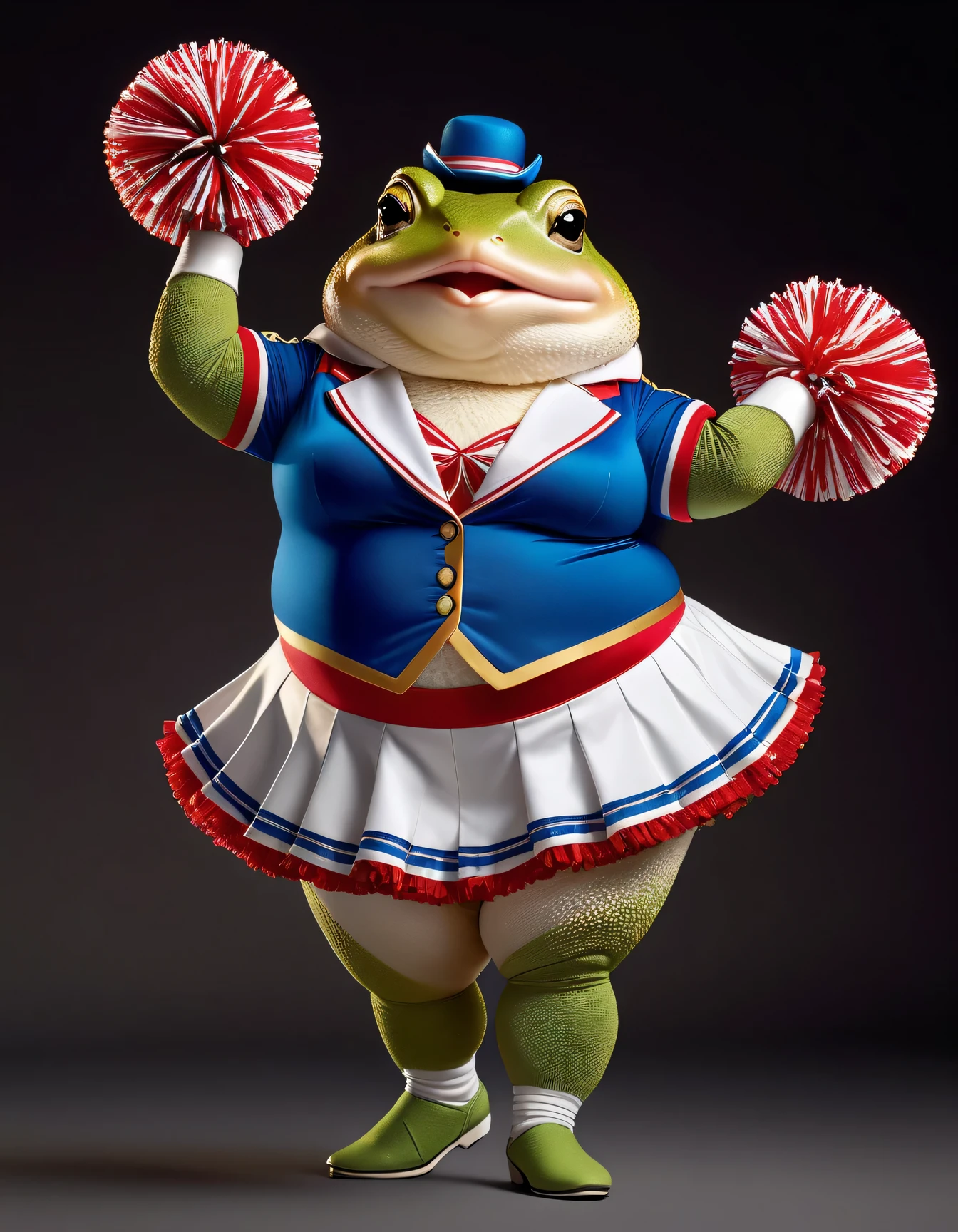 photorealistic portrait of Dressed animals - a ((fat)) toad cheerleader,(line dancing:2.0),(raising leg up :2.0), high quality,(lovely) ,intricate details, highly detailed ((cheer costume)) ,highly detailed cheer clothes, holding pom-pom ,(passion) , highly detailed decorations, (happy), studio lighting,(full body image:1.5)