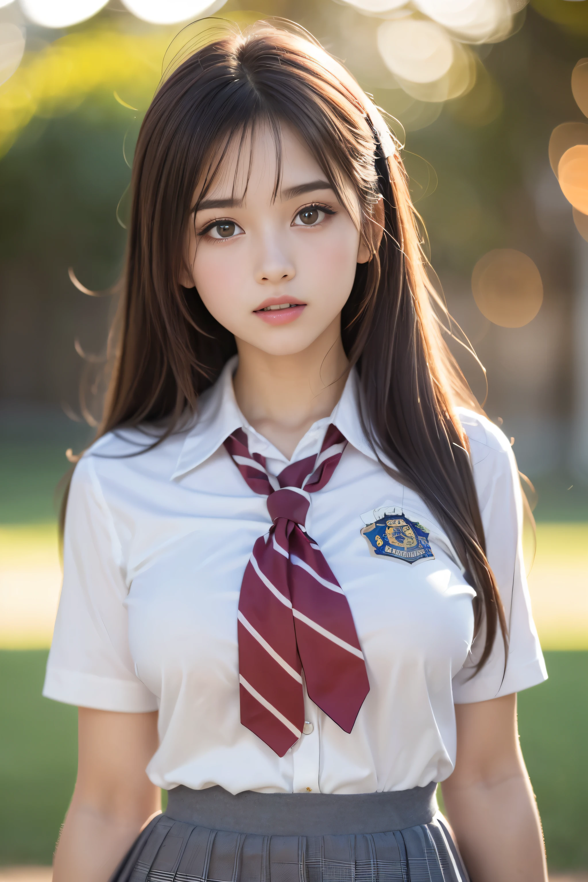 (2 cabelo loiro de , amazing face and eyes, olhos cor-de-rosa, (Uniforme hi-School com seios bem abertos:1.2), lindos seios grandes, bare breasts, (menina incrivelmente bonita), brown hair, (high-school uniform, minissaia plissada:1.5), ((best quality)), (ultra-detalhado), (extremamente detalhado CG unificado 8k wallpaper), altamente detalhado, high-definition RAW color photos, fotografia profissional, (((Bokeh))), profundidade de campos,