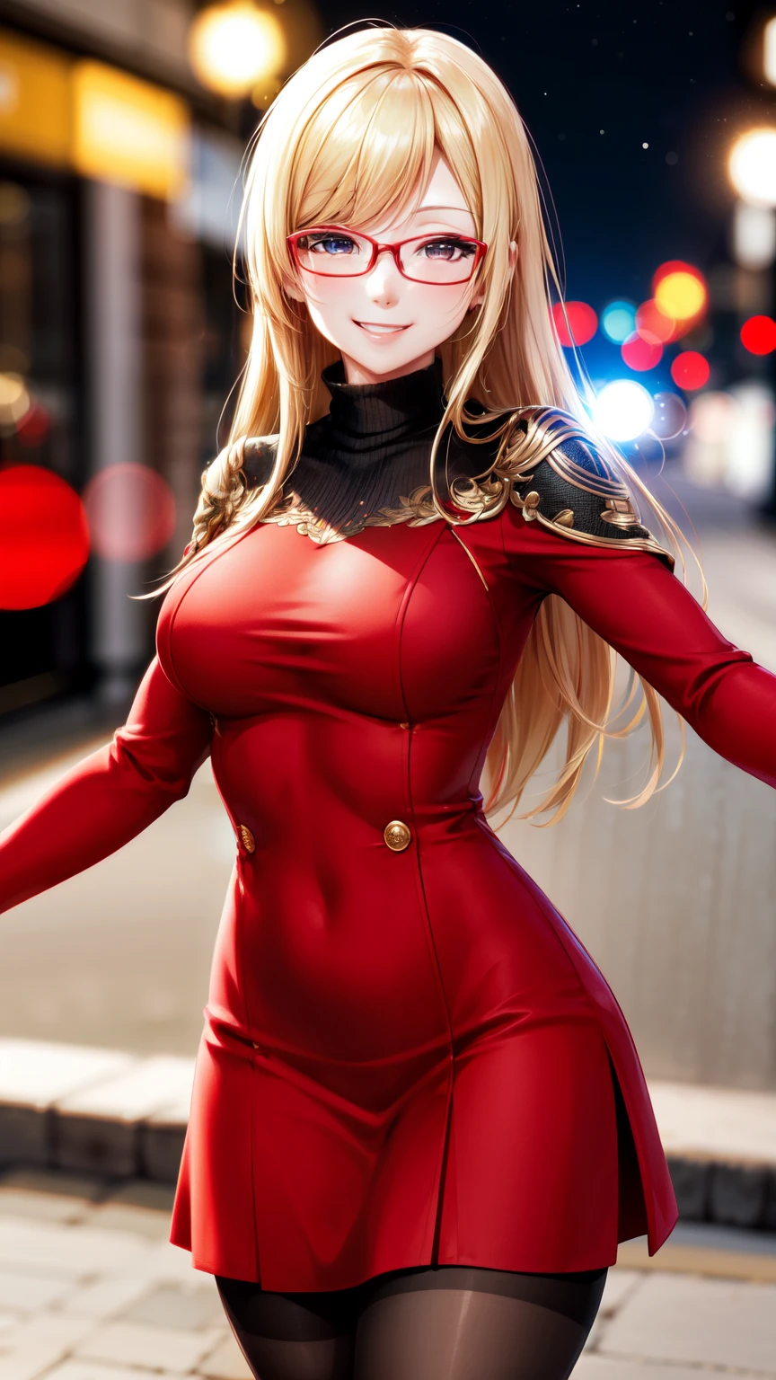 Full HD, Super detailed, high quality, master likes it, Bokeh, woman, 30 years, stockings, red midi dress, compensate, seductive smile, Lens flare,long hair,blonde,winking