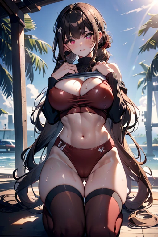 (masterpiece:1.2, best quality), (finely detailed beautiful eyes: 1.2), ((1girl)), ((solo)), (finely detailed eyes and detailed face:1.3), (scenery:1.2), (extremely detailed CG, ultra-detailed, best shadow:1.1), ((depth of field)), beautiful concept illustration, (illustration:1.1), (extremely fine and beautiful:1.1), (perfect details:1.1), sexy genital pose gesture、cheeky pose、(putting fingertips on lips),(with sparkling eyes and a contagious smile),((undressing in front of an viewer, erotically standing on knee, capturing the moment when her clothes are lowered and she caresses herself, caressing breast or erotically licking her finger, while caresiing cute eyes, open mouth or parted lips)) White skin that emphasizes transparency, crisp eye makeup, ruddy blush, thick natural parallel eyebrows, Light brown hair, long hair, soft curly hair, smile, wet skin, sweat, Floral bikini swimsuit, o-ring bikini, beautiful sky, beautiful sea, cloud, sun light, sitting, summer, beach, lens flare, shining, aureole mesmerizing eyes, luscious lips, shadowplay emphasizing beauty, artistic composition. (best quality, highres, masterpiece:1.2), ultra-detailed, (realistic:1.37) illustration, erotic style, soft lighting, sweat glistening on her body, gentle warmth, dark and mysterious, small breast,narrow waist,(with sparkling eyes and a contagious smile),her thin pubic hair, Realistic,((big breasts:0.9)),(((sports gym:1.2))),cleavage , (get sweaty), looking at viewer,
