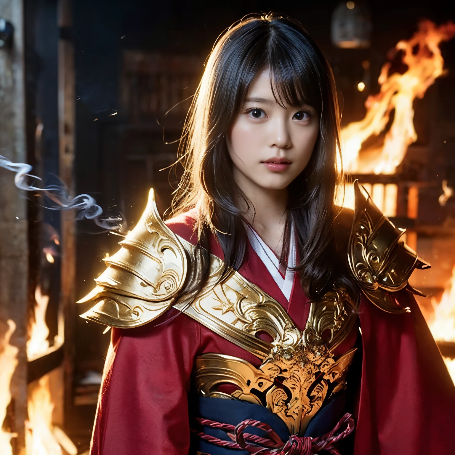 (((Realistic, masterpiece, best quality, crisp detail, high definition, high detail, sharp focus, perfect studio lightning))), 20 years old assassin, kasumi arimura, wearing (((fully decorated golden armor, armored kimono))), dirty, sweating, blood scattered, bloodbath, carnage, fire everywhere, smoke everywhere, blood everywhere, death everywhere, japan bakumatsu period, (((dead bodies,carcass, ,fire,smoke,burned japanese castle village,hell) traditional village background)