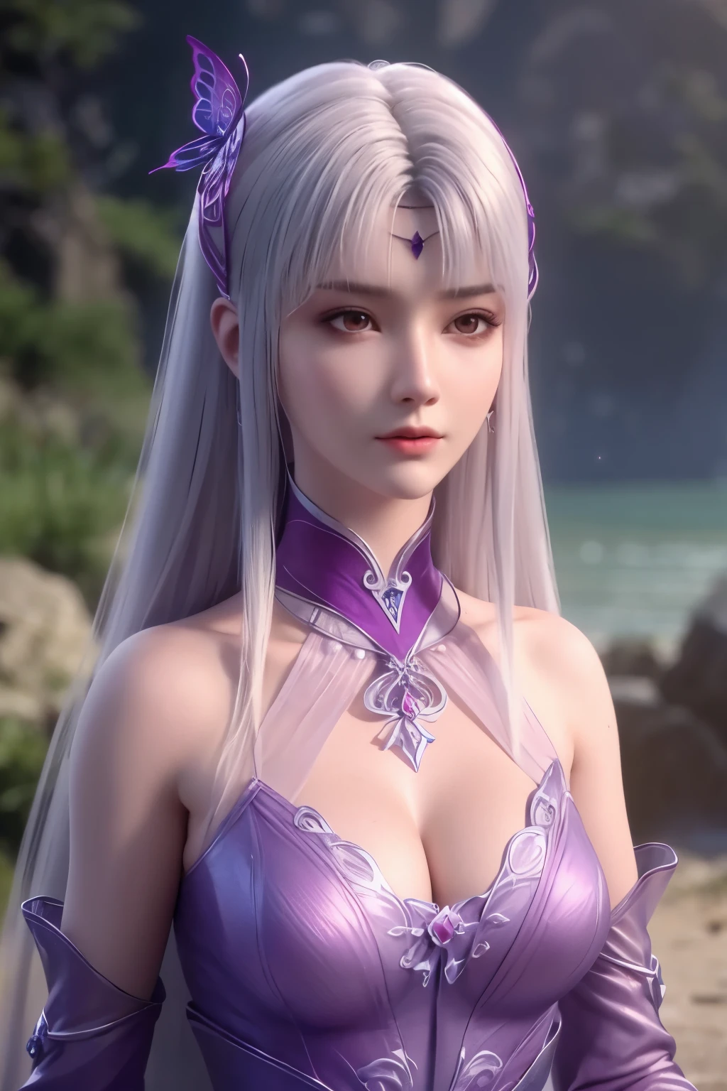 realistic, photorealistic, Masterpiece, absurdres, fine detail, HDR, detailed hand anatomy, highly detailed face and eyes, (8k, best quality, masterpiece:1.2), ultra-detailed, extremely detailed cg 8k wallpaper,fashion,(crystalstexture skin:1.2),(extremely delicate and beautiful),(masterpiece, best quality:1.2),1girl, solo, narrow waist, wide hips, (large breasts:1.2),long hair, (looking at viewer:1.2), natural lighting, fantasy, dreamlike, unreal, science fiction, detail, delicate pattern, charming, alluring, enchanting, hair ornament, fairydoctor, full body, dream, purple butterflies, glowing butterflies, sexy pose, night, (neon butterflies:1.1), purple neon butterflies