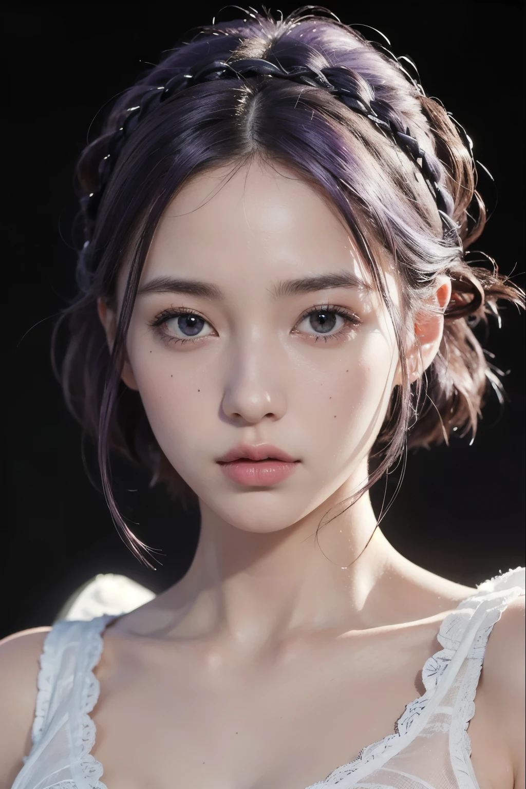 highest quality,masterpiece,very detailed,High resolution,4k,ultra High resolution,detailed shadow,ultra realistic,realistic,dramatic lighting,1 girl,alone,detailed face,realistic eyes,realistic skin,white dress,purple hair,dynamic pose, white lace dress
