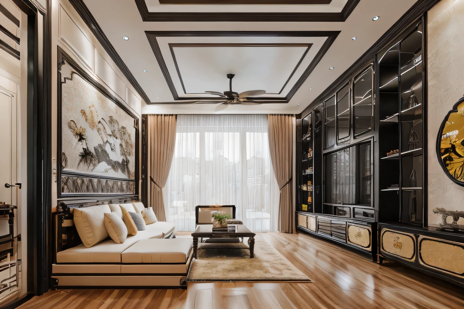 RAW photo, Masterpiece, high quality, best quality, authentic, super detailed, living room, glossy indochina black furniture), 1 indochina style, 1 side bed, 1 fur carpet, shelf tv, glossy floor, 1 solid wood door:1.4,((laminated plaster,))), sunset light)), archdaily architecture, (high detail: 1.2), 8k uhd, dslr, soft light, high quality, film grain, Fujifilm XT3, High-end, hight dynamic light, hight contrast