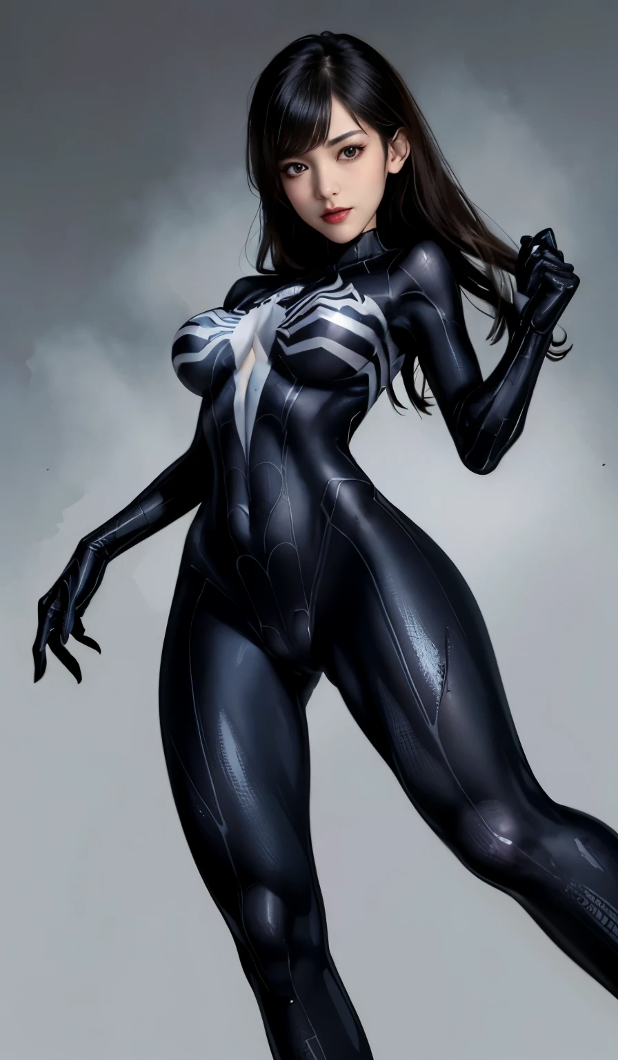 4K,realisticlying,Glamorous,charming,The very detailed,There a girl in Dingcheng,Wearing a black Spider-Man costume(Spider-Man Venom Black Suit),(Black and white:1.4) the night,symbiote,venomize,poison,a large amount of mucus,she a spiderman,Black superhero theme,In front of the sky,Flushed complexion,( Open legs, camel-toe,, Vulvar shape:1.3),(GGCameltoe:1.3)Legs apart,25 years old,full bodyesbian,Full body female love