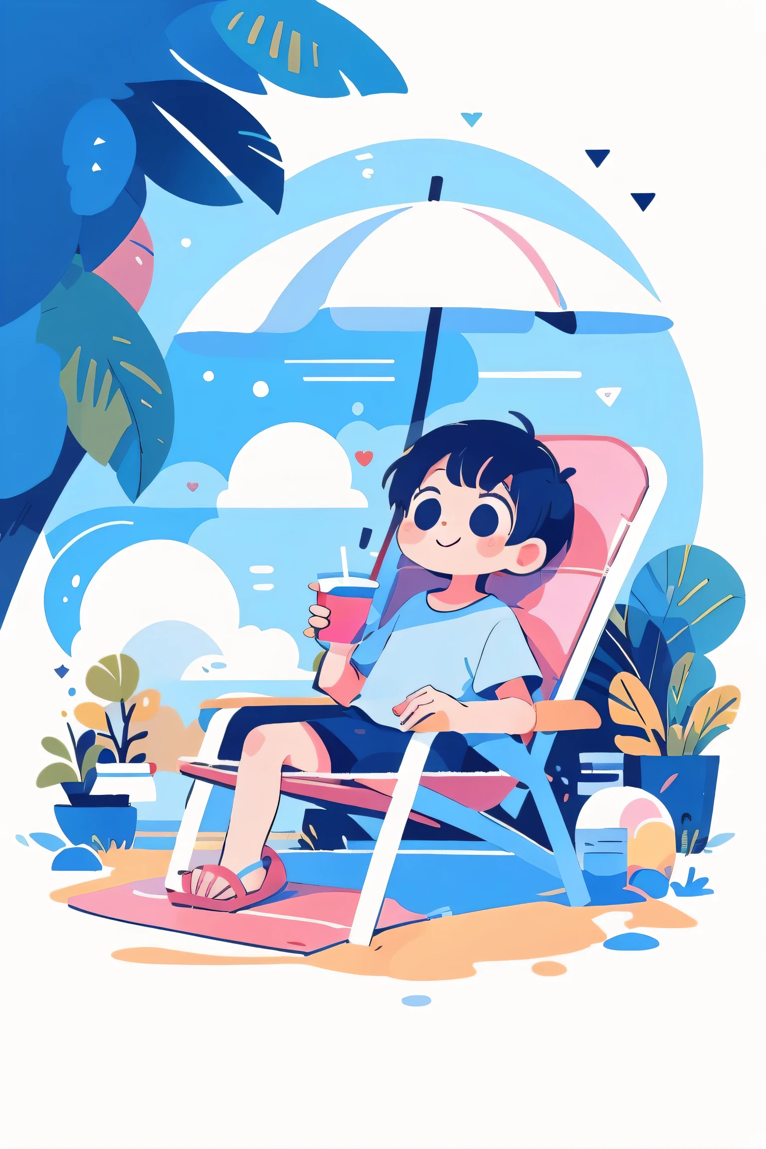 Retro art style, Retro art style, A wearing sunglasses,Lying on a lounge chair on the beach,Legs droop naturally,wearing slippers,a happy expression,holding drink in hand,Fresh color。Pink parasol on the beach。small scene illustration。children'illustration style。The scene is relatively simple,Not many trees。