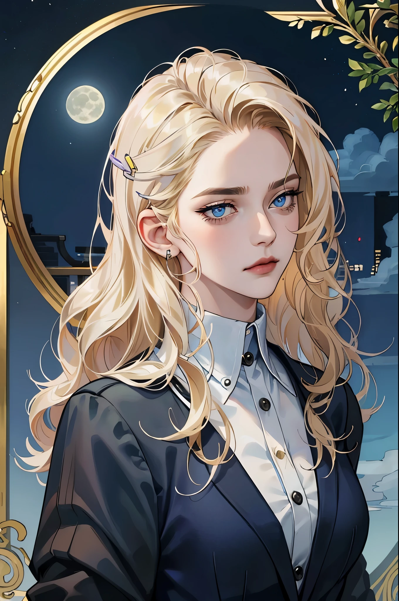 masterpiece, Best quality, night, full moon, 1 girl, mature woman, (blonde hair), long and wavy hair, tranquility, Intellectual, medium hair, blue pupils, hairpin, Beautiful face, face close up, Hand close-up, business suit, White shirt, black dress pants, serious face, closed mouth 