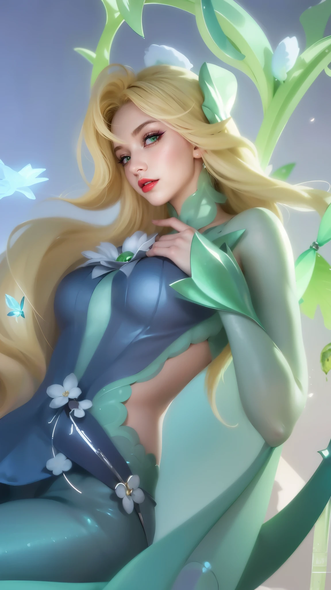 (female:1.2), 8k, ultra hd, ultra detailed texture, hyper realistic, masterpiece, detailed texture, detailed face, detailed skin, detailed lighting, (photorealistic:1.5), best quality, beautiful lighting, cinematic lighting, professional lighting, ultra highres, realistic, detailed hair, real hair, high quality, (realskin:1.5), extremely detailed, finely detail, ultra-detailed, 1girl, solo, standing, demon horns, (green eyes:1.5), v-shapped eyebrow, lips, red lips, evil smile, nose, make up, pretty, beautiful, long hair, blue hair, high ponytail, large breasts, cleavage, armpit, navel, stomach, black armor, pauldrons, bare shoulders, shoulder armor, thigh high, sleevless, detached sleeves, breastplate, gauntlets, karina \(mobile legends\), depth of field, looking aways, white skin, skin tight, amazing pose, outdoors, glowing, dark view,