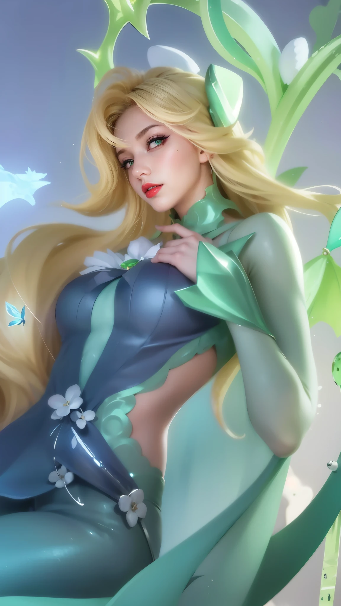(female:1.2), 8k, ultra hd, ultra detailed texture, hyper realistic, masterpiece, detailed texture, detailed face, detailed skin, detailed lighting, (photorealistic:1.5), best quality, beautiful lighting, cinematic lighting, professional lighting, ultra highres, realistic, detailed hair, real hair, high quality, (realskin:1.5), extremely detailed, finely detail, ultra-detailed, 1girl, solo, standing, demon horns, (green eyes:1.5), v-shapped eyebrow, lips, red lips, evil smile, nose, make up, pretty, beautiful, long hair, blue hair, high ponytail, large breasts, cleavage, armpit, navel, stomach, black armor, pauldrons, bare shoulders, shoulder armor, thigh high, sleevless, detached sleeves, breastplate, gauntlets, karina \(mobile legends\), depth of field, looking aways, white skin, skin tight, amazing pose, outdoors, glowing, dark view,