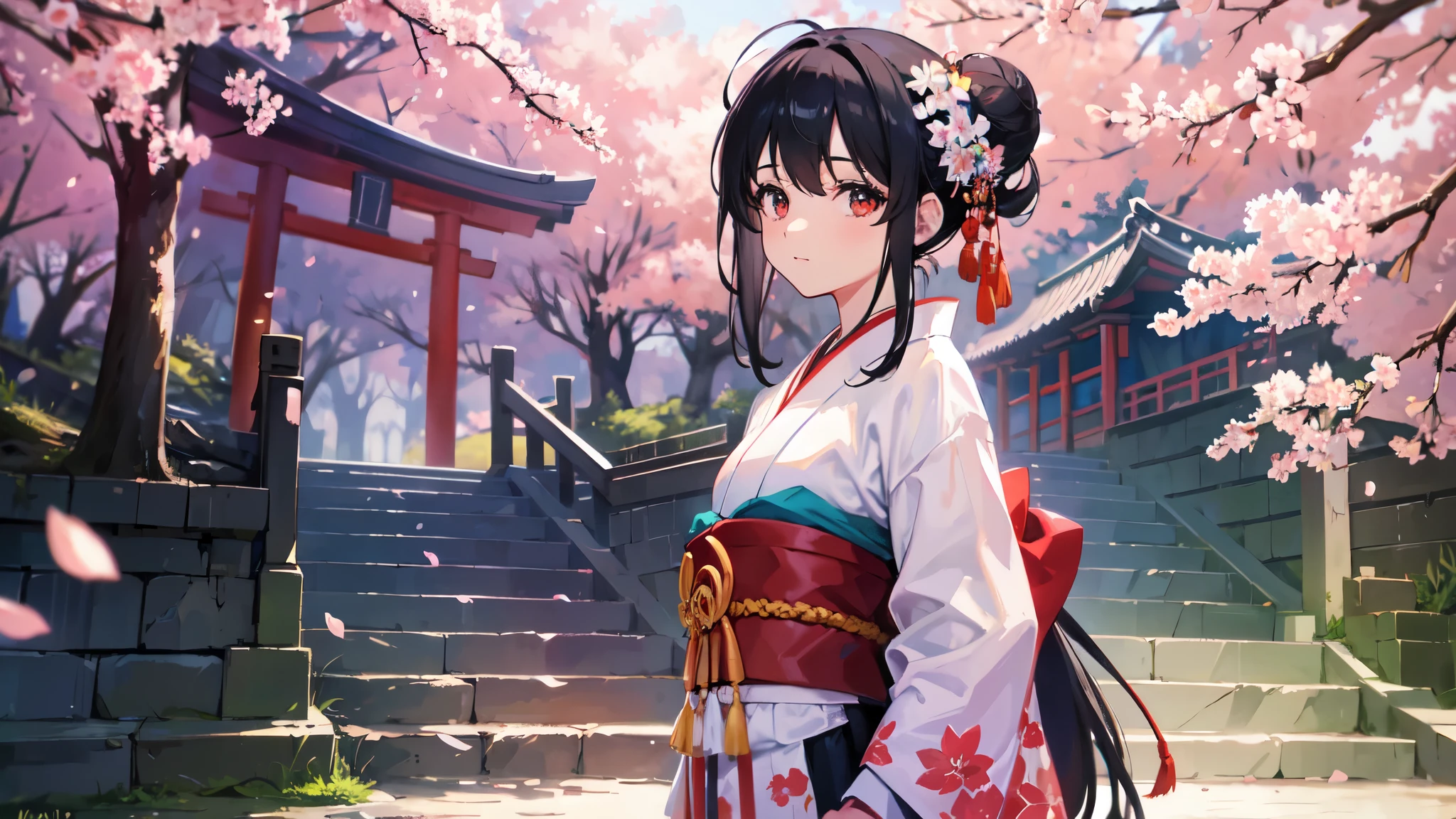 cowboy shot, upper body, long view, panorama, wide angle lens, depth of field, perspective, movie angle, arms behind back, masterpiece, best quality, super detailed, CG, 8K wallpaper, pretty face, smail, delicate eyes, a girl, solo, black hair, long hair, red eyes, hair bun, headband, japanese costume, kimono, looking at the audience, looking back, standing, outdoors, stairs, cherry blossoms, days, flowers, torii, tree,