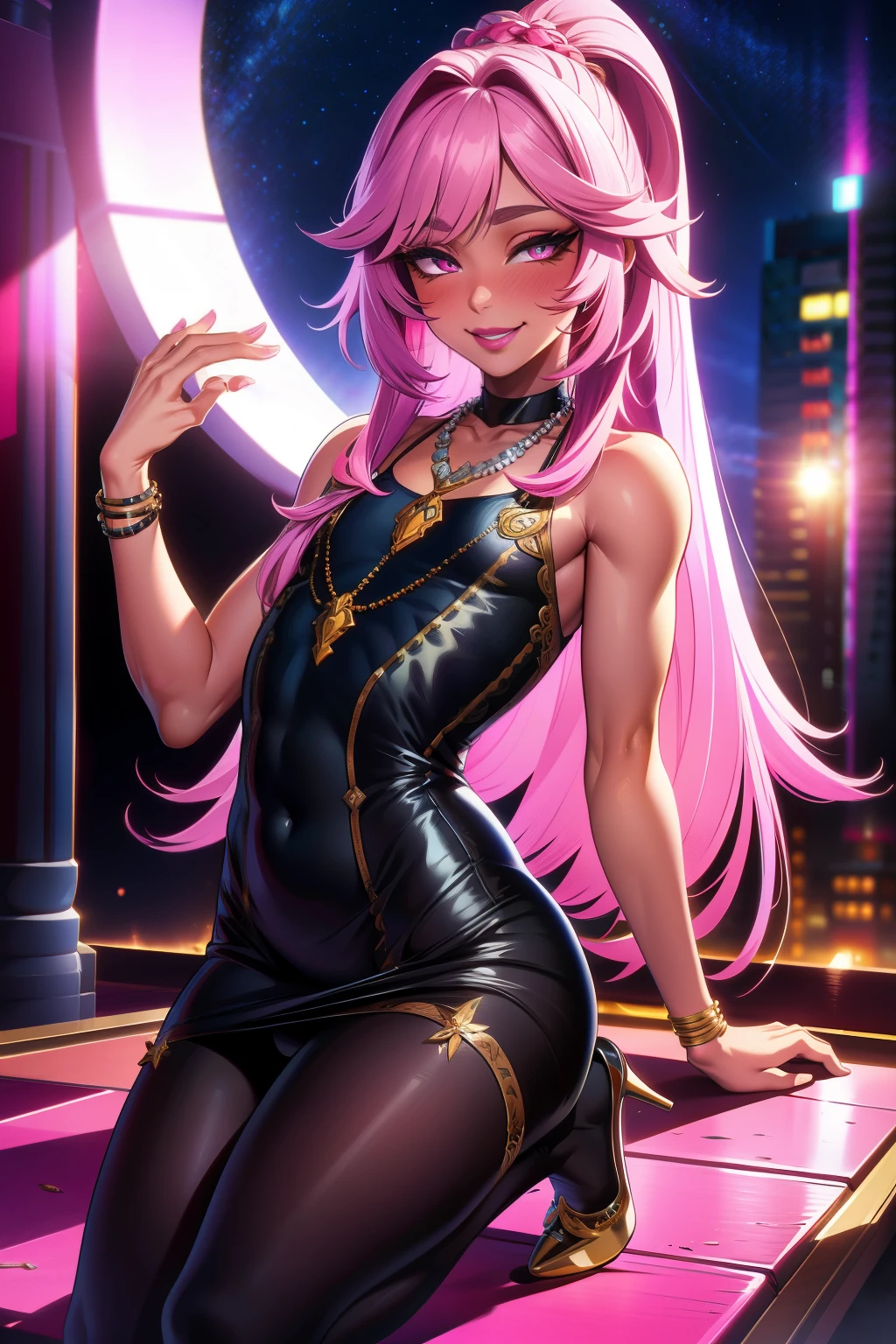 (extremely detailed CG unity 4k wallpaper),(masterpiece),(best quality),(ultra-detailed),(best illustration),(best shadow),(absurdres),(detailed background), CFemboy, bulge, Fully clothed, SFW, High heels, Sun dress, flat chest, Very long hair, pale skin, Pink hair, blushing, shy, black eyeliner, pink eyeshadow, pink lipstick, pink nails, necklace, shy smile, night club background, Party,