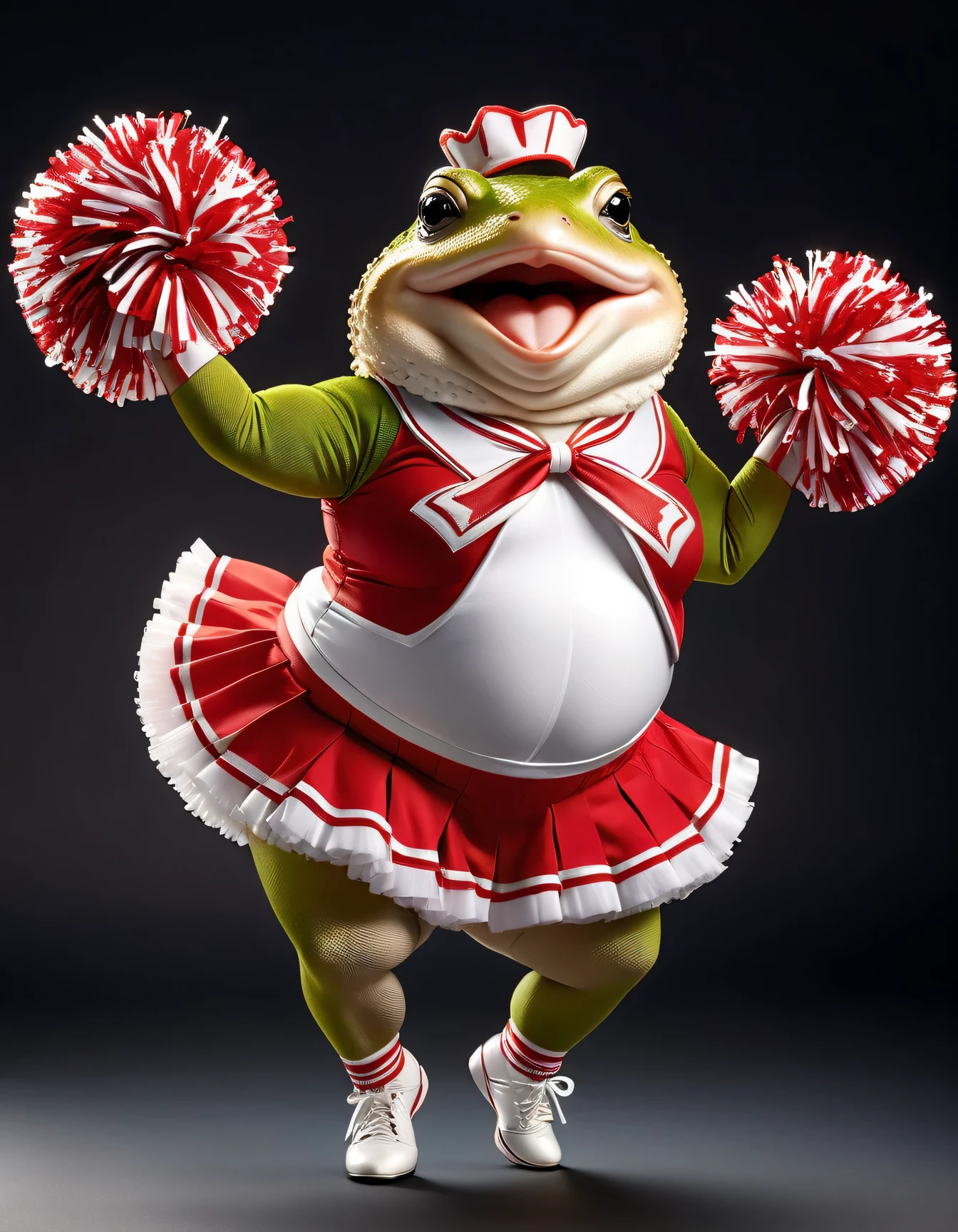 photorealistic portrait of Dressed animals - a ((fat)) toad cheerleader,(cheer dancing:2.0),(jumping:2.0),(big smile), high quality,(lovely) ,intricate details, highly detailed ((cheer costume)) ,highly detailed cheer clothes, holding pom-pom in hands,(passion) , highly detailed , (happy), studio lighting,(full body image:1.5)
