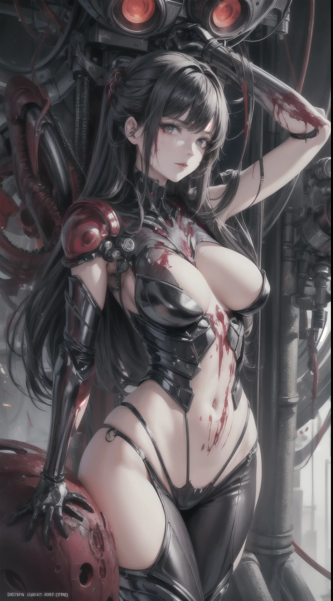 (((masterpiece))), ((highest quality)), (Super detailed), (CG illustration), (so evil and beautiful)), cinematic light, ((1 Mechanical Girl)), single, (mechanical art: 1.4), ((mechanical limbs)), (Blood vessel attached to a tube), ((Mechanical spine attached to the back)), ((Mechanical cervical vertebrae attached to the neck), (Return to viewer)), No expression, ( Wires and cables attached to head and body: 1.5), SF, Apocalypse, Remains, (Lower body integrated with mechanical equipment), (Blood: 1.5), cruelty, disorganized, eroticism, Fusion with machinery, end times, super future, inorganic, Research room, restraint, (beautiful luxury: 1.2), (1 girl: 1.3), A body wrapped in mechanical tentacles,BDSM,ghost in the Shell