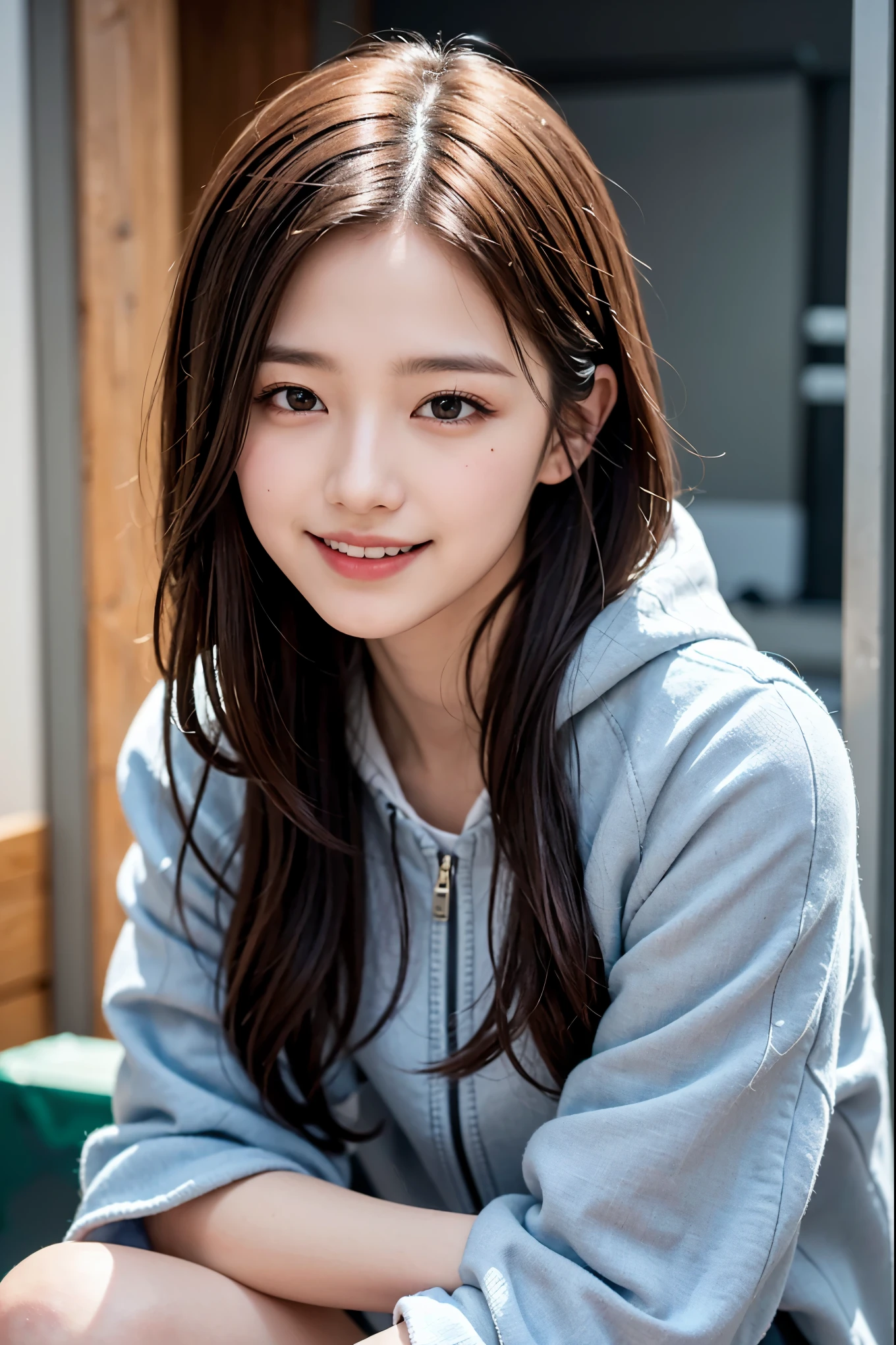 (masterpiece, highest quality, beautiful girl, cute face:1.2), (Eyebrows and smiles when you are in trouble, upward glance:1.2), 8K, official art, Raw photo, disorganized, Wear warm clothes to go out on the town in the cold season, view audience, thin, , face light, film grain, chromatic aberration, sharp focus, dynamic lighting, cinematic lighting, blue duffel coat, gray gloves