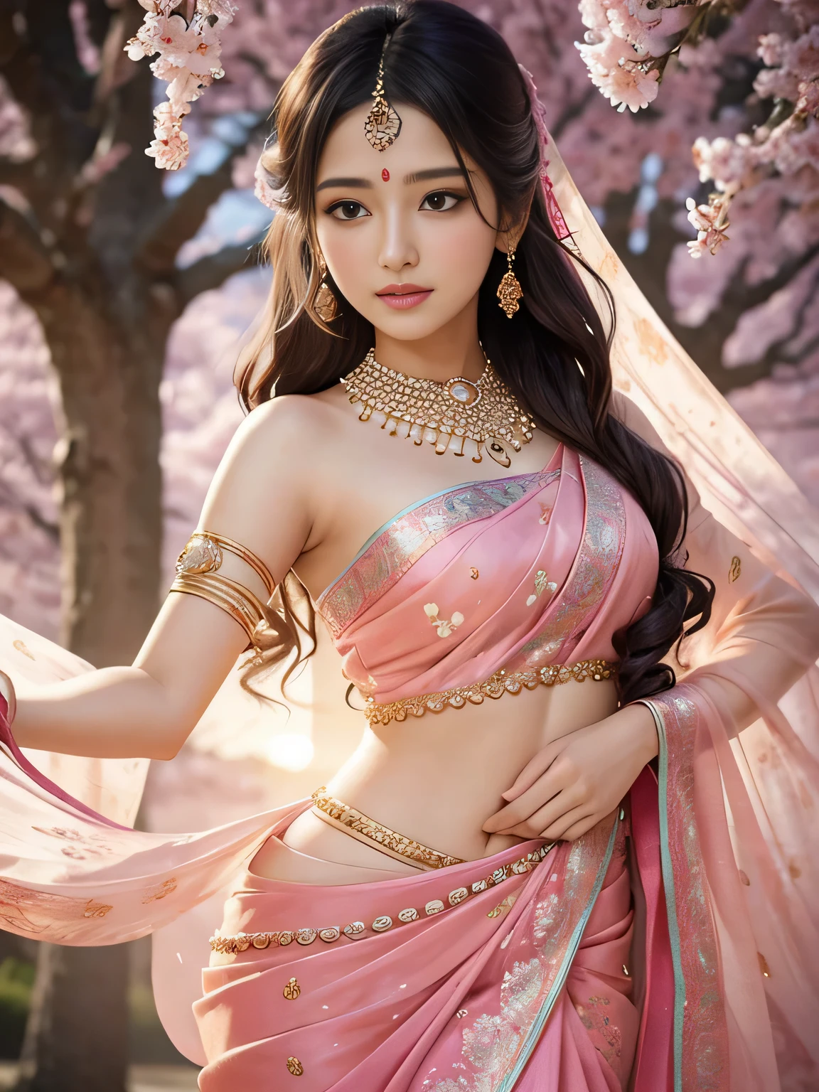 a girl in a pink saree, vibrant colors, detailed eyes, delicate lips, flowing fabric, elegant pose, soft lighting, anime style, sakura blossoms, dreamy atmosphere, pastel tones, ethereal beauty, intricate patterns, glowing skin, shiny hair, graceful movements, magical aura, enchanting gaze, serene expression, traditional attire, intricate jewelry, beautiful background erotic dance