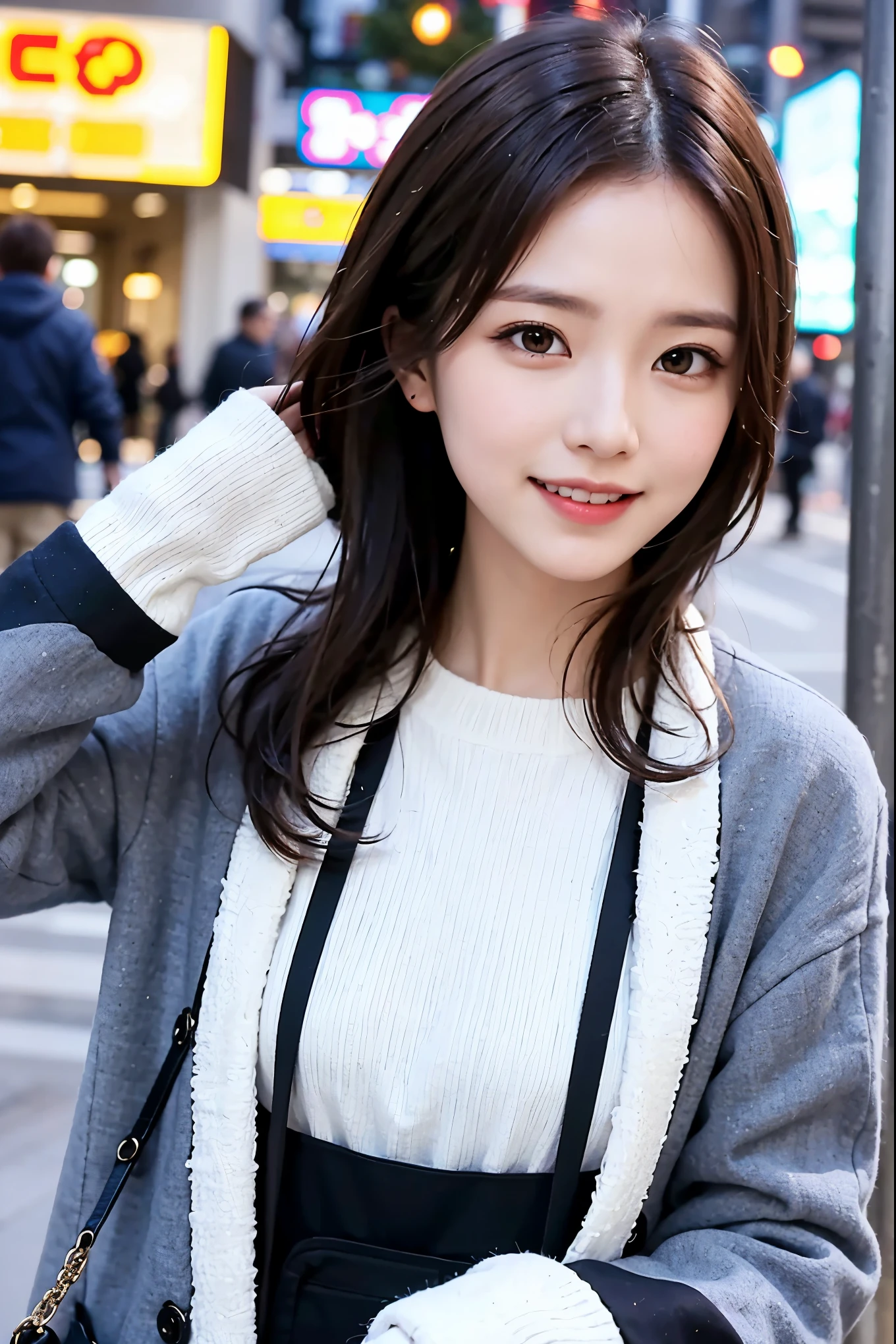 (masterpiece, highest quality, beautiful girl, cute face:1.2), (Eyebrows and smiles when you are in trouble, upward glance:1.2), 8K, official art, Raw photo, disorganized, Wear warm clothes to go out on the town in the cold season, view audience, thin, teen, face light, film grain, chromatic aberration, sharp focus, dynamic lighting, cinematic lighting, blue duffel coat, gray gloves