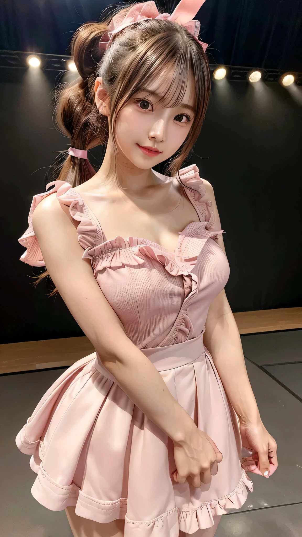 blush,small breasts,14 years old,long hair ponytail,on stage,Are standing,((8K, Raw photo, highest quality, pieces fly:1.2), (reality, realistic:1.4), (Highly detailed 8K wallpaper), written boundary depth, cinematic lighting, soft light, Details beauty eye,Shiny and smooth light brown ponytail, asymmetrical bangs, shiny skin, super dense skin ,High resolution, high detail, detailed hairstyle, Detailed beauty faces, hyper real, perfect limbs, perfect anatomy ,1 Japanese girl,famous japanese idol, perfect female body,shy smile,short eyelashes,double eyelid,look straight here,Hair style is ponytail、Long pink dress with lots of frills, soft shaped skirt, standing on stage,pink ribbon on head,She is wearing a long skirt with lots of frills..,neat clothes