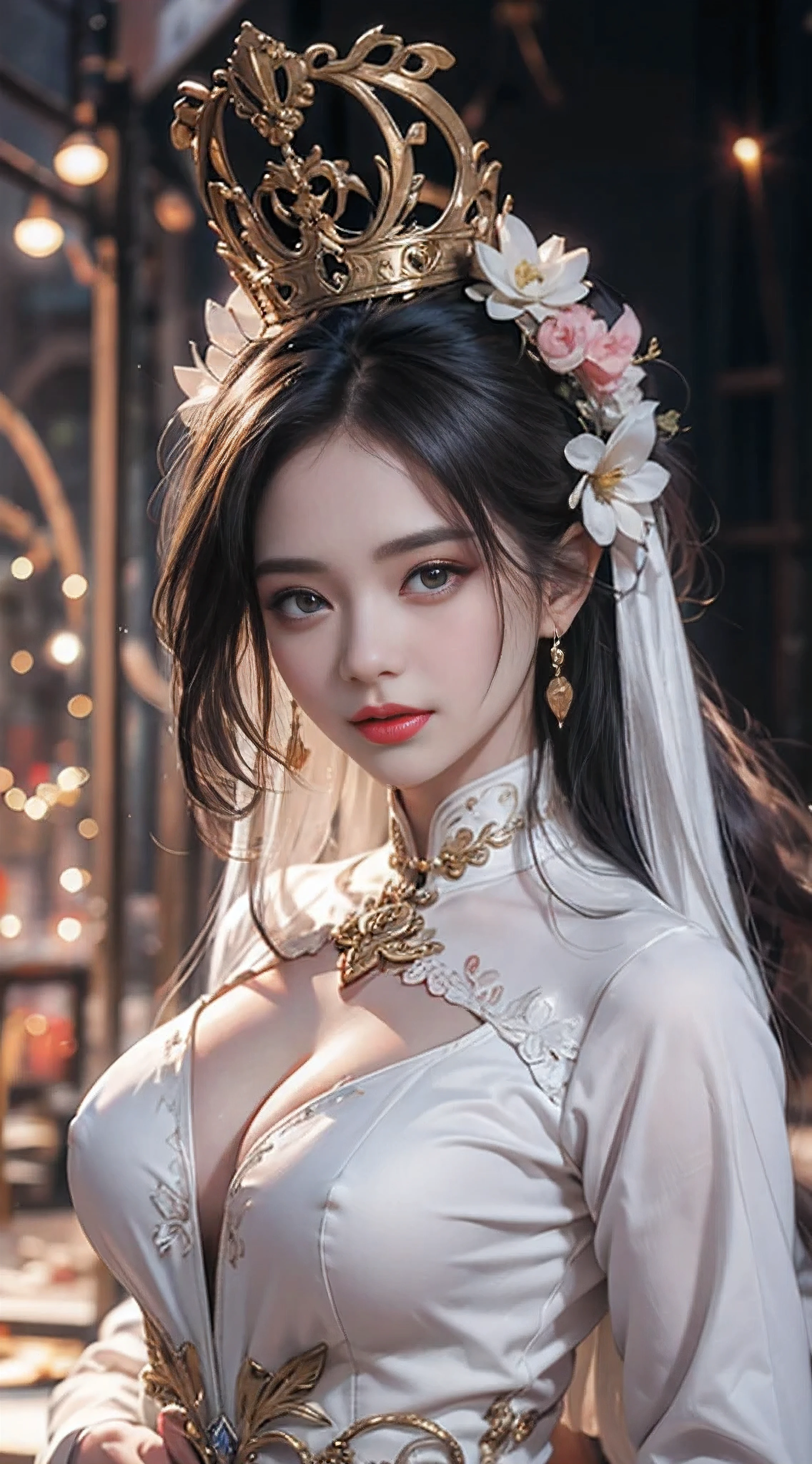 Portrait of a young saint of 20 years old, Saint with a beautiful and super cute face,Wearing a very thin and sexy Ao Dai, Beautiful cute face, There is a deep slit in the chest、Black and white lace trim attractive Ao Dai, Beautiful face without blemish, Lovely smile, ((7 colors of hair length:1.2)), Big Crown, Hair brooch, Hamf Dress, Chinese ancient style, Full Body Jewelry, Tattoo on the forehead, The breasts of the female saint are round、It's so full, Breast augmentation surgery, Innocent face, The most beautiful and detailed pale red lipstick, ((thin plump lips:0.3)), Delicate pink and white eyes (White and detailed) Cinematic, Light and Darkness, Dramatic Lighting, magical light, Highly detailed light, True Color, Super sharp, Realistic, The 8k quality, Fantasy universe background, Saints and magical spaces, The most detailed image, Solo, saints, ((See the saint's upper body directly:0.4)), ((Smooth skin:0.5)),