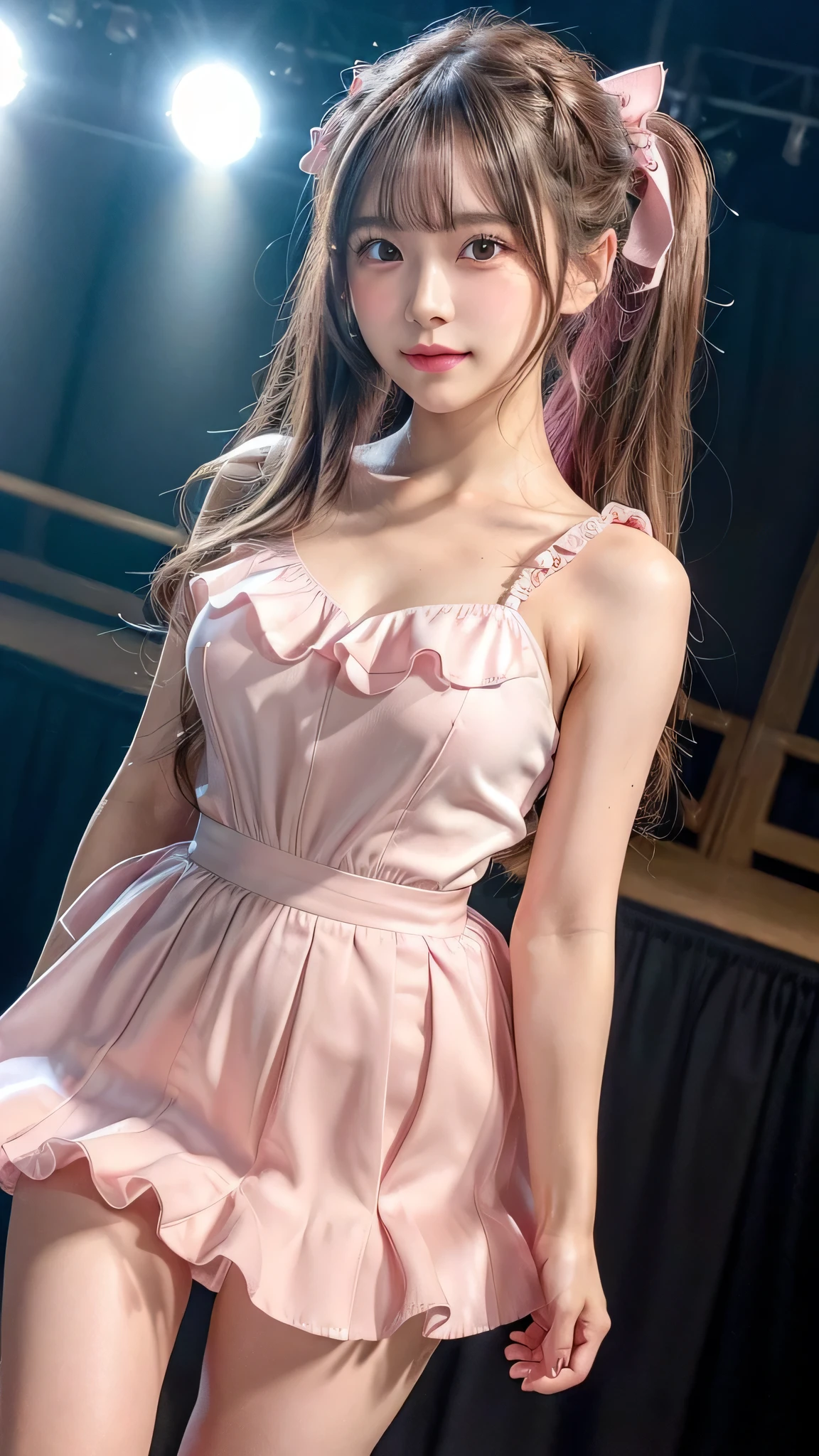 blush,small breasts,,long hair ponytail,on stage,Are standing,((8K, Raw photo, highest quality, pieces fly:1.2), (reality, realistic:1.4), (Highly detailed 8K wallpaper), written boundary depth, cinematic lighting, soft light, Details beauty eye,Shiny and smooth light brown ponytail, asymmetrical bangs, shiny skin, super dense skin ,High resolution, high detail, detailed hairstyle, Detailed beauty faces, hyper real, perfect limbs, perfect anatomy ,1 Japanese girl,famous japanese idol, perfect female body,shy smile,short eyelashes,double eyelid,look straight here,Hair style is ponytail、Long pink dress with lots of frills, soft shaped skirt, standing on stage,pink ribbon on head,She is wearing a long skirt with lots of frills..,neat clothes