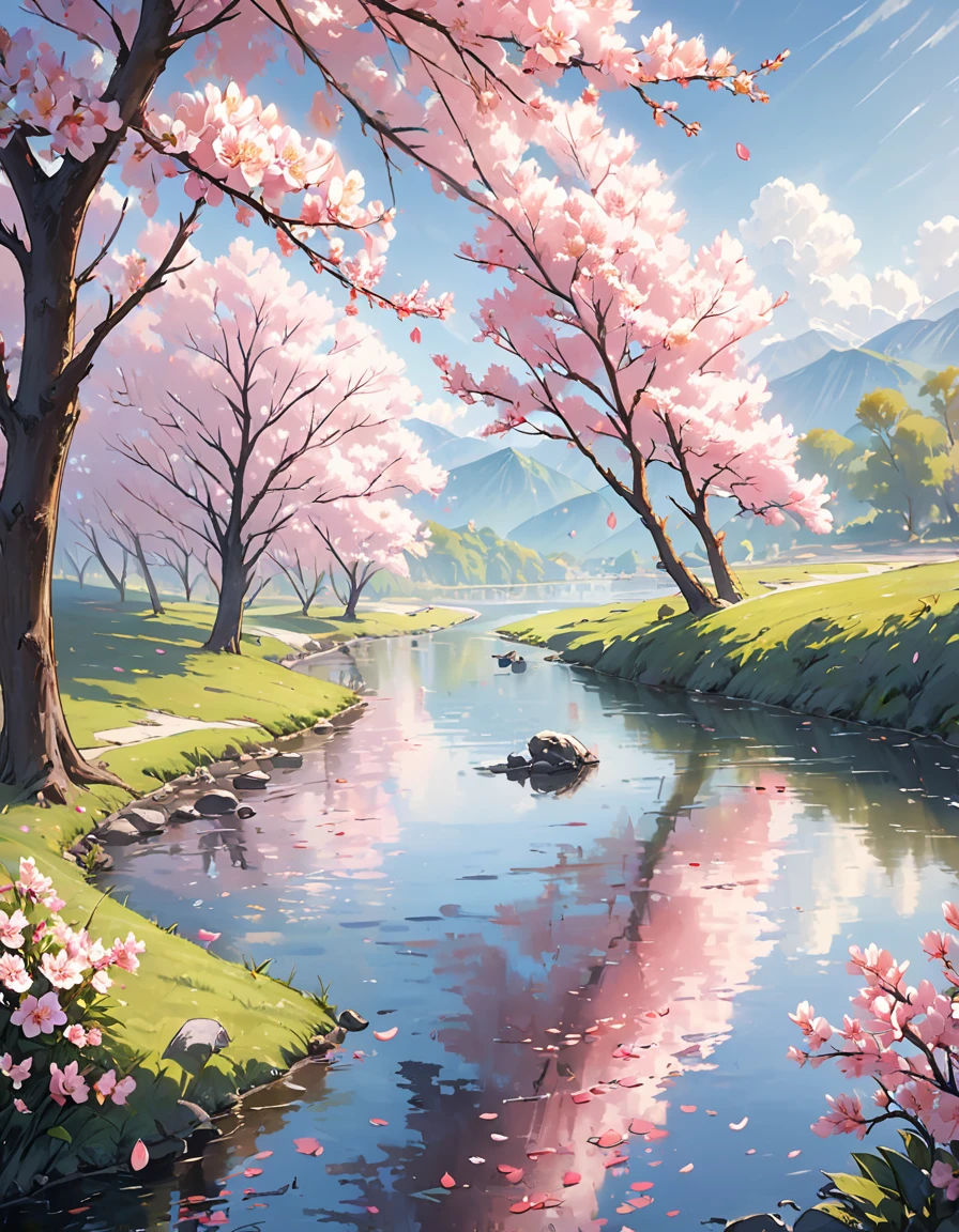 As a prodigious master of contemporary art, I envisage an exquisite portrayal of the theme "reflection" set along the banks of a tranquil river. Imagine this: a picturesque scene where cherry blossoms bloom abundantly along the river's edge, their delicate pink petals swaying gently in the breeze. My prompt calls for the creation of a hyper-realistic illustration capturing the mesmerizing sight of these blossoms mirrored flawlessly on the calm surface of the water. Each petal, each branch, is meticulously rendered to perfection, creating a scene of unparalleled beauty and tranquility. Through meticulous brushwork or digital wizardry, I shall bring this vision to life, inviting viewers to immerse themselves in the serene harmony of nature's reflection. This masterpiece will evoke a sense of wonder and reverence, celebrating the timeless beauty of the natural world and the artistry of its reflection.