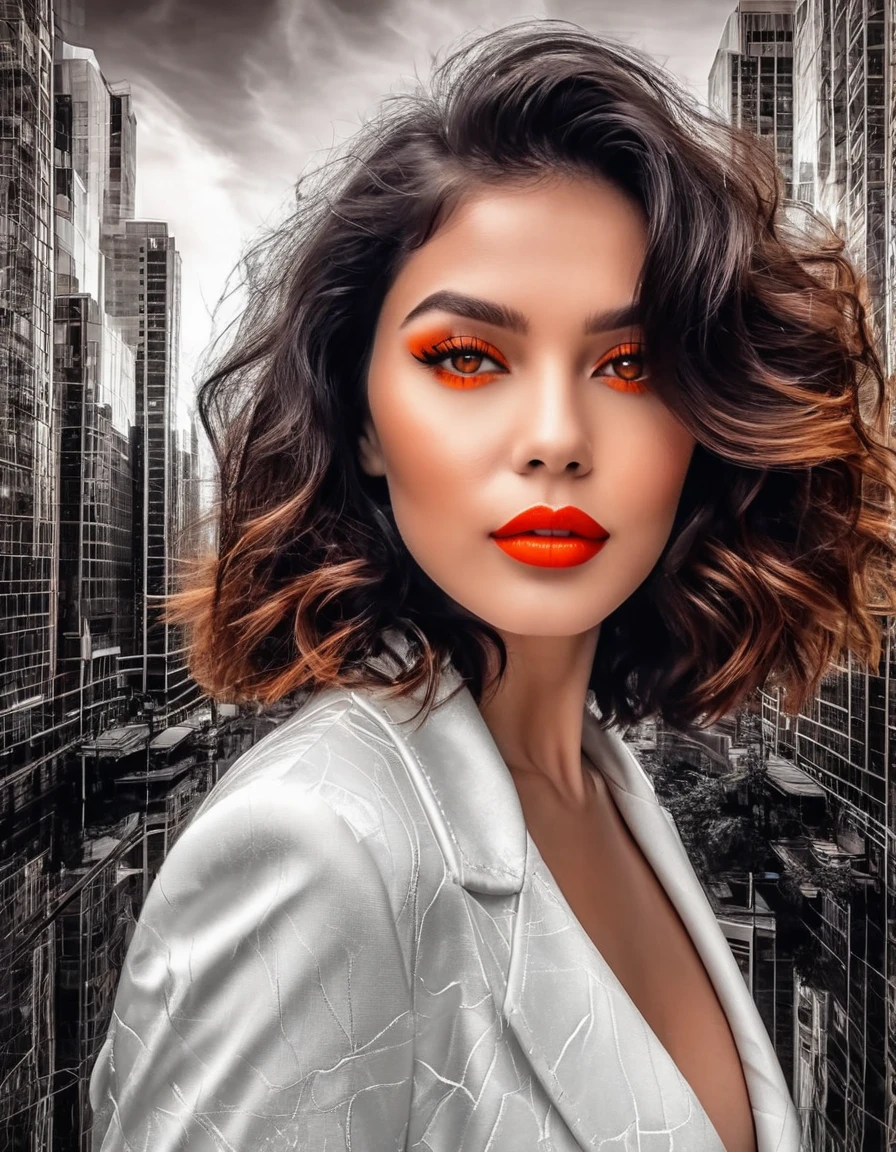 A confident woman with tousled waves and a soft red lip color, orange eyes color, posing before a monochrome cityscape backdrop, enhanced by fractal details, the face is reflected in the mirror