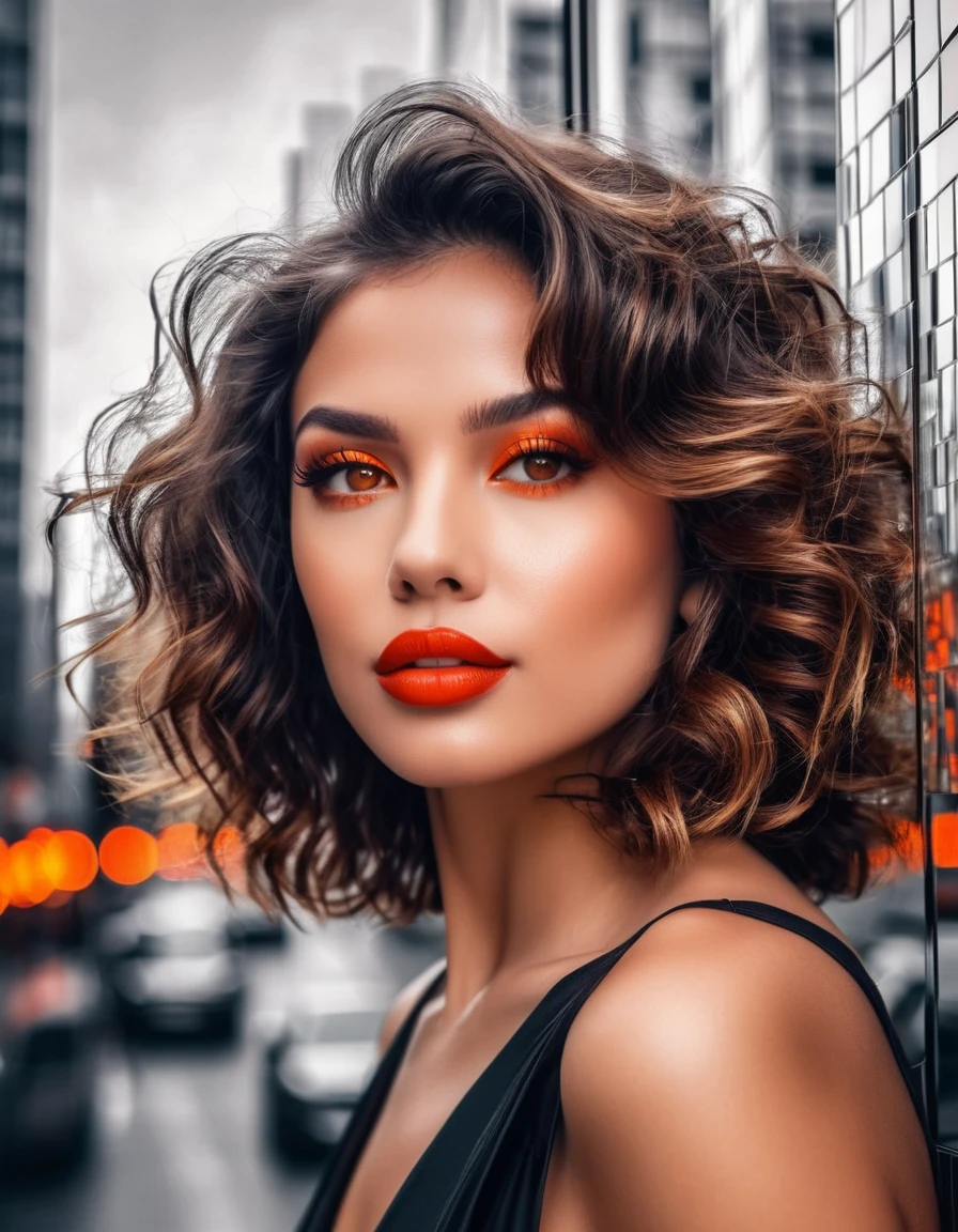 A confident woman with tousled waves and a soft red lip color, orange eyes color, posing before a monochrome cityscape backdrop, enhanced by fractal details, the face is reflected in the mirror