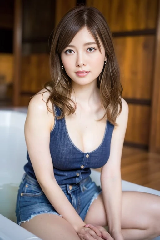 ((masterpiece:1.1, highest quality:1.1, 32K HDR, High resolution)), (1 girl, alone), (Mai Shiraishi&#39;s ultra-realistic portrait:1.15, japanese idol), (full body:1.35, Fluorescent yellow tank top with highlighted chest:1.3,denim shorts、 big breasts:1.2)Are standing, sexy pose, perfect slim body:1.1), highly detailed face, fine eyes, realistic skin texture, fine skin、 shiny skin, looking at the viewer, light brown hair, wavy hair, Ash-colored hair, smile:1.2, silver earrings,public bath、Have a deck brush