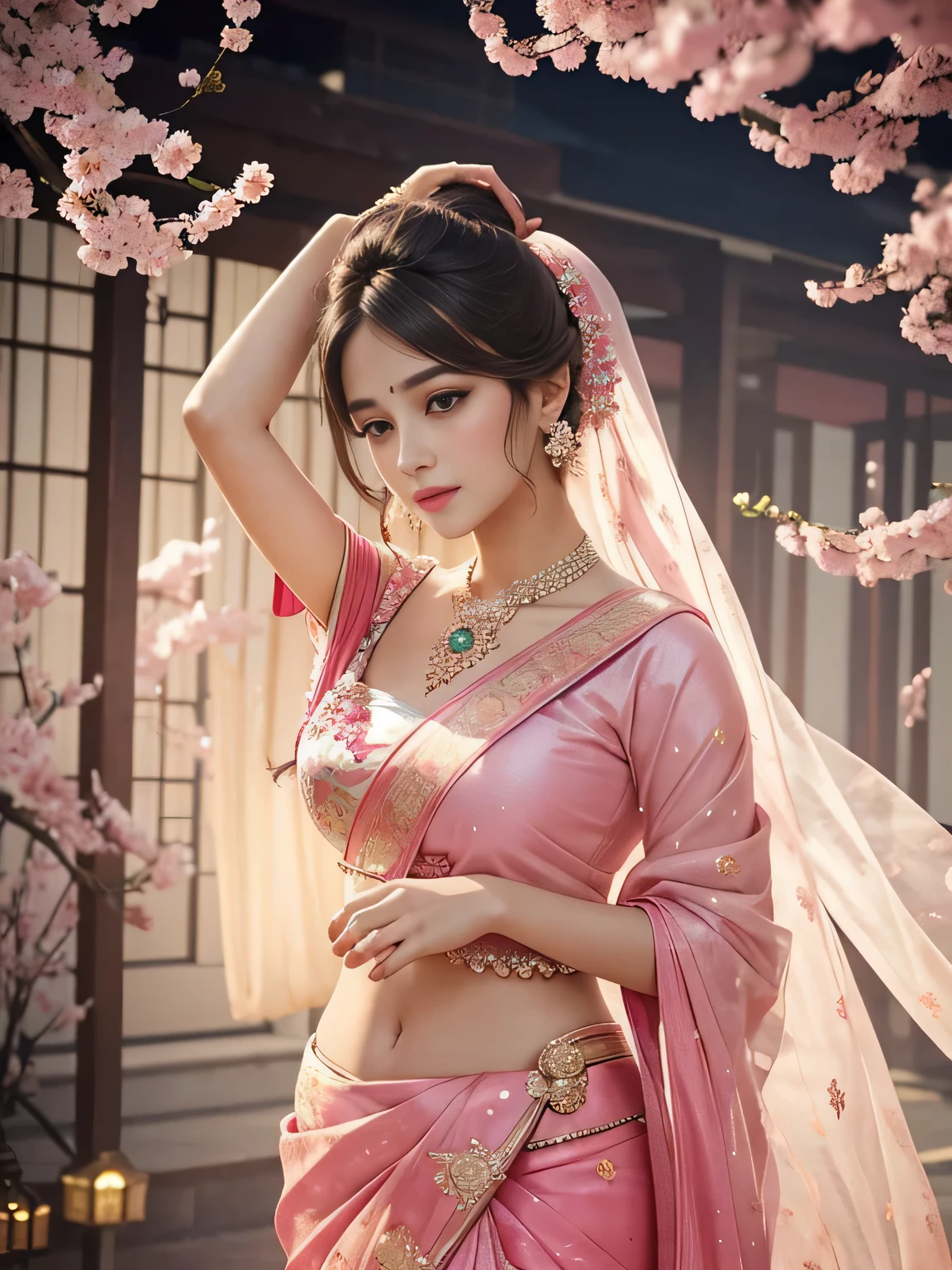 (goddess-like happiness:1.2), Indian style,  skinny, floating hairs, Indian traditional dress, Indian sari, (RAW photo:1.2), (photorealistic:1.4), (masterpiece:1.3), (intricate details:1.2), A glamorous Indian beauty walks confidently and elegantly down an old streets of Indian in sari, and when she reaches the end of a footbridge, she stops and strikes a pose to show off her outfit from all angles.