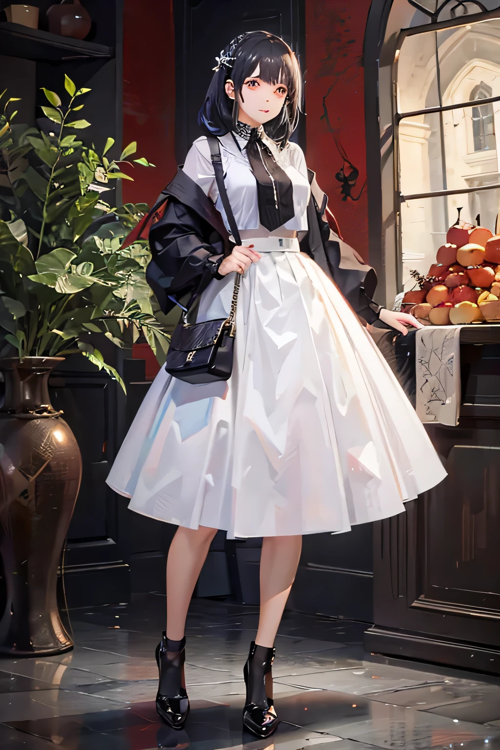 36D,pear shaped body,High,Wearing a white pomegranate skirt,Black