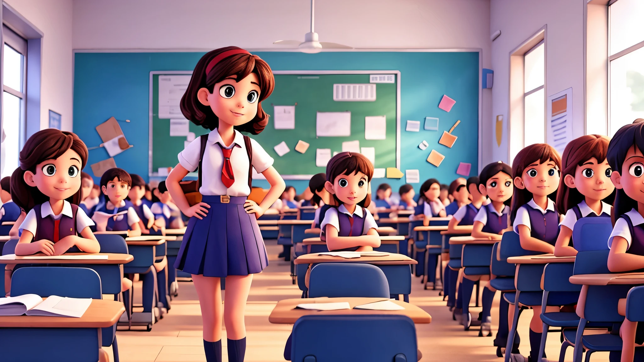 cartoon of a group of school children talking to each other, cartoon style illustration, school class, cartoon illustration, in a school classroom, in a classroom, detailed school background, wearing a , high school girls, wearing , standing in class, official illustration, archie comic style, textbook illustration in clolour, exciting illustration, classroom background