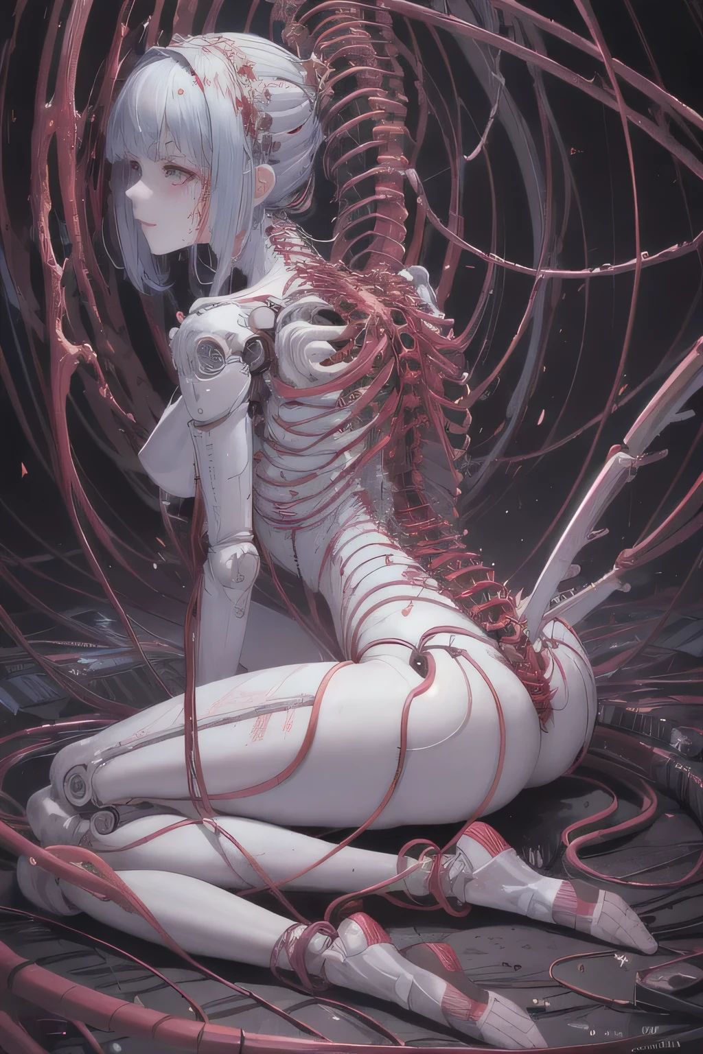 (masterpiece, top quality, best quality, official art, beautiful and aesthetic:1.2), (1girl:1.3), extreme detailed,colorful,highest detailed ((ultra-detailed)), (highly detailed CG illustration), ((an extremely delicate and beautiful)),(from side),cinematic light,((1mechanical girl)),solo,full body,(machine made joints:1.2),((machanical limbs)),(blood vessels connected to tubes),(mechanical vertebra attaching to back),((mechanical cervial attaching to neck)),(sitting),expressionless,(wires and cables attaching to neck:1.2),(wires and cables on head:1.2)(character focus),science fiction,white background,(blood:1.5)