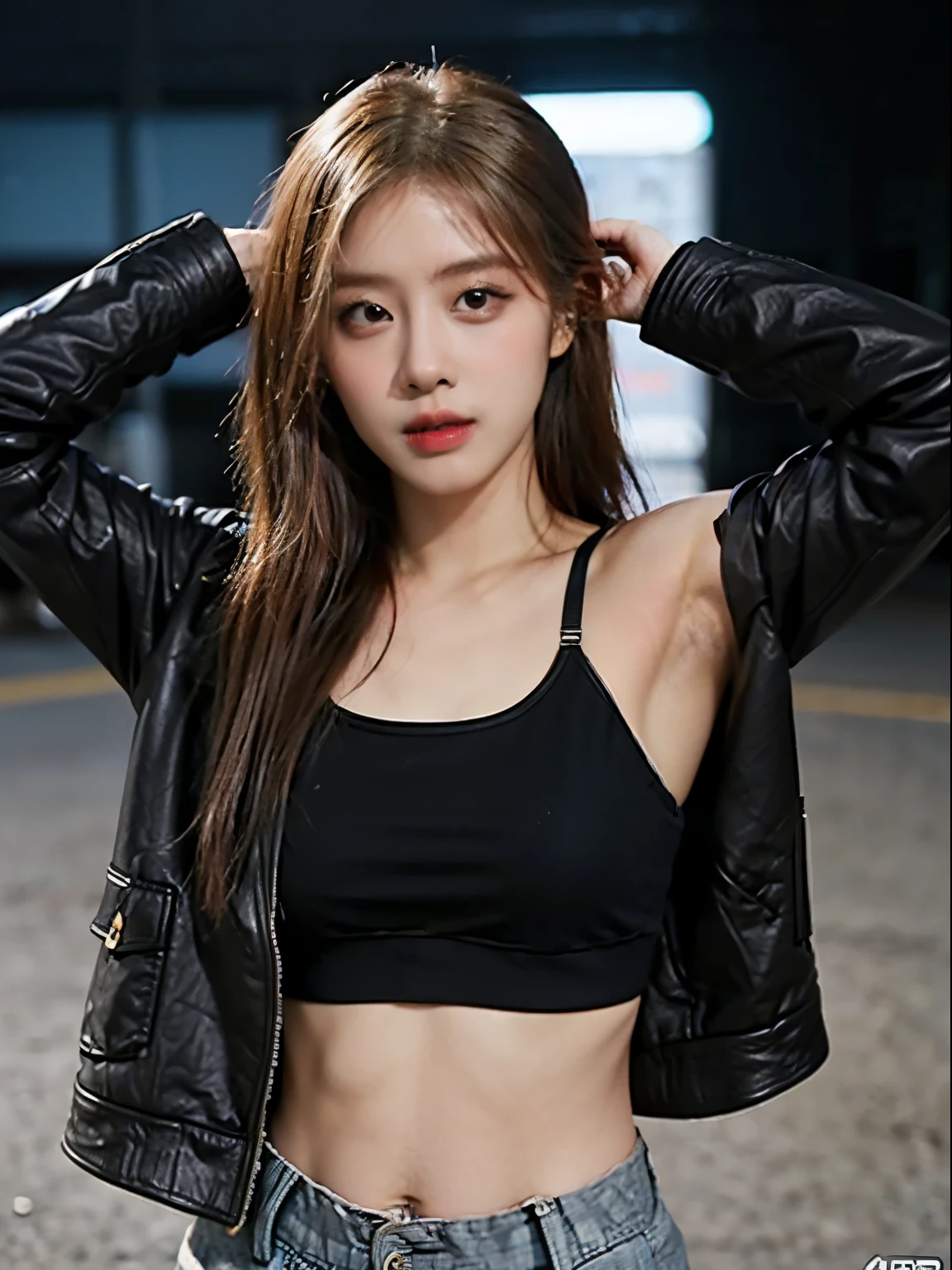 (masterpiece:1.2), 8k,(ultra-realsitic:1.37), Korean porn actress dancing, (visible left armpit:1.5), face lights, Detailed face, (seductive face:1.5), (a black faux leather jacket:1.5), (grey sports bra under jacket:1.5)