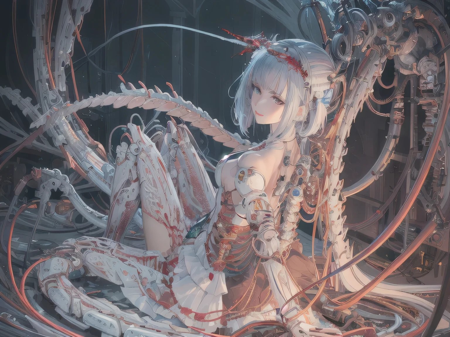 ((((masterpiece))), ((best quality))), ((ultra-detailed)), (CG illustration), ((an extremely delicate and beautiful)),(from side),cinematic light, ((1 mechanical girl)), single, full-body, (machine-made joint: 1.2), ( (mechanical limbs)), (blood vessels connected to tubes), (mechanical spine connected to back), ((mechanical cervical vertebrae attached to neck)), (sitting), forced laughter, (wires and cables around the neck: 1.2), (wires and cables on the head: 1.2) (character focus), sci-fi, extremely thin, colored, the finest white hair, red eyes, in battle, (knotted), (killing), (1 immortal)
