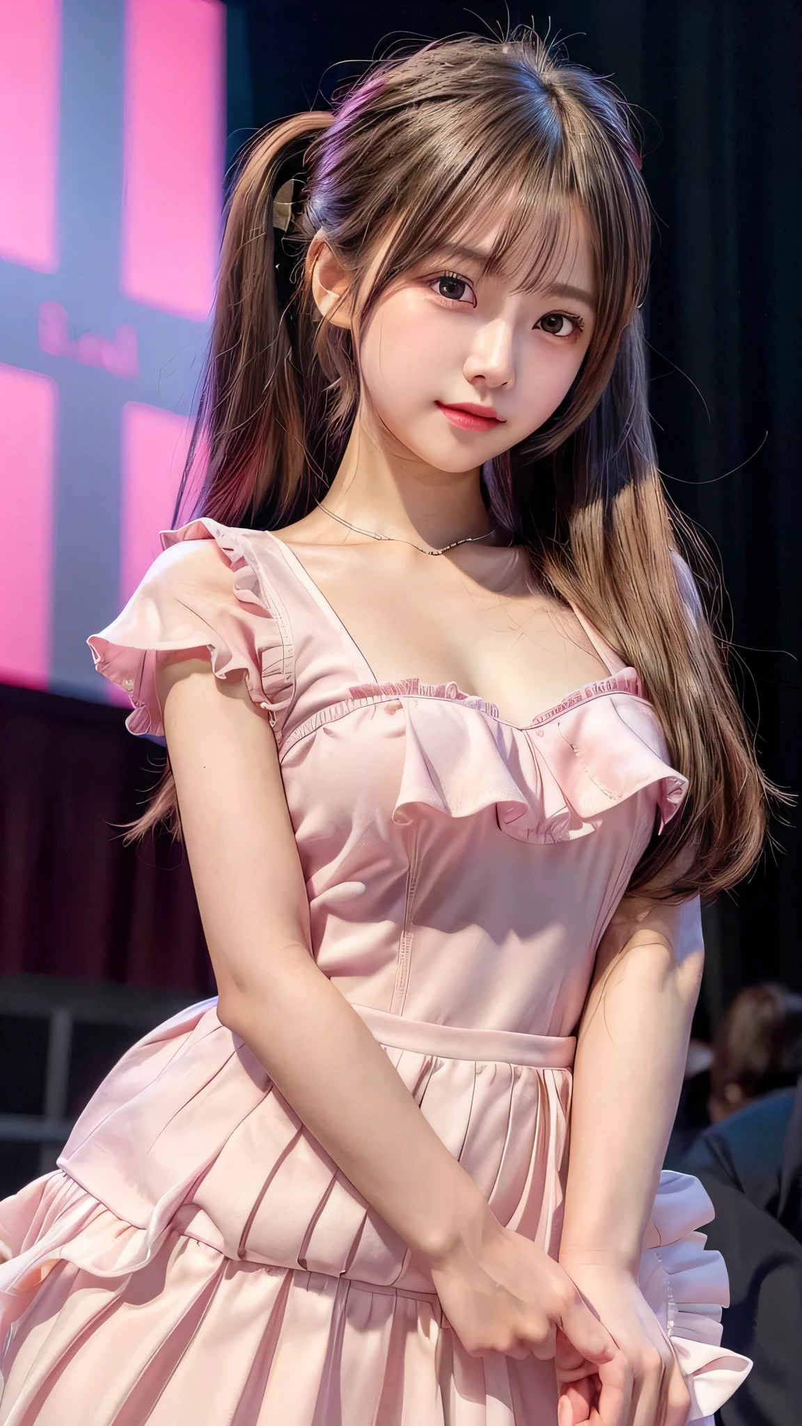 blush,small breasts,14 years old,long hair ponytail,on stage,Are standing,((8K, Raw photo, highest quality, pieces fly:1.2), (reality, realistic:1.4), (Highly detailed 8K wallpaper), written boundary depth, cinematic lighting, soft light, Details beauty eye,Shiny and smooth light brown ponytail, asymmetrical bangs, shiny skin, super dense skin ,High resolution, high detail, detailed hairstyle, Detailed beauty faces, hyper real, perfect limbs, perfect anatomy ,1 Japanese girl,famous japanese idol, perfect female body,shy smile,short eyelashes,double eyelid,look straight here,Hair style is ponytail、Long pink dress with lots of frills, soft shaped skirt, standing on stage,pink ribbon on head,She is wearing a long skirt with lots of frills..,neat clothes