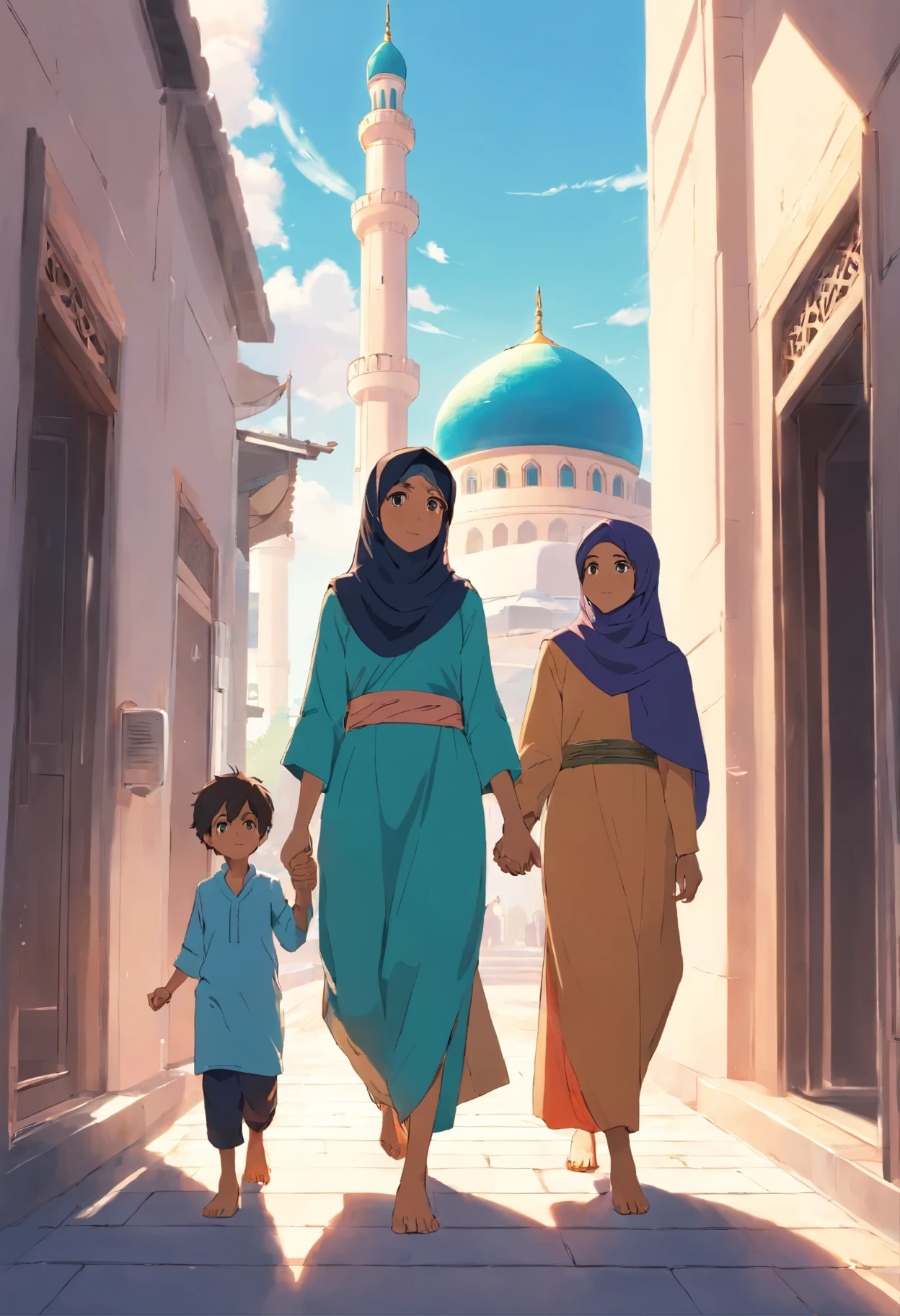 A muslim mom and dad holding kids hands and walking towards mosque