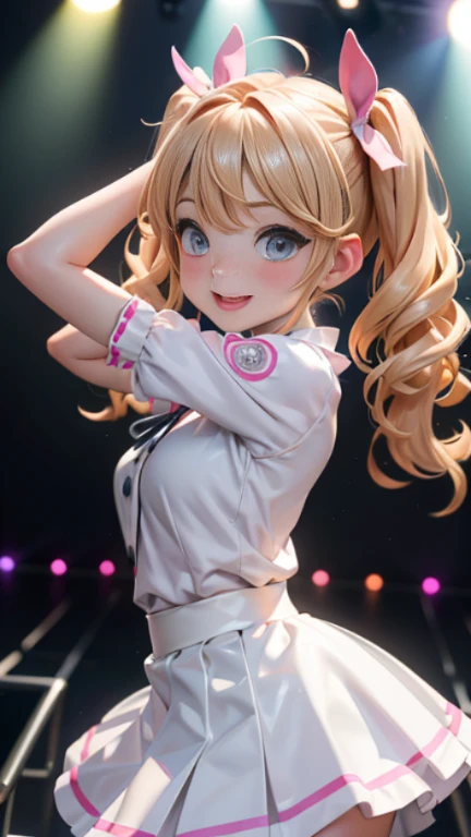 idol singer、short twin tails、curl hair、(lightピンクの髪:1.2)、on stage、light、pastel colored costume、bulging skirt、high waist mini skirt、idol costume、big ribbon、Naivety、Pose with movement、wink、Clear makeup、fun expression、smile、eyes shine、glowing effect