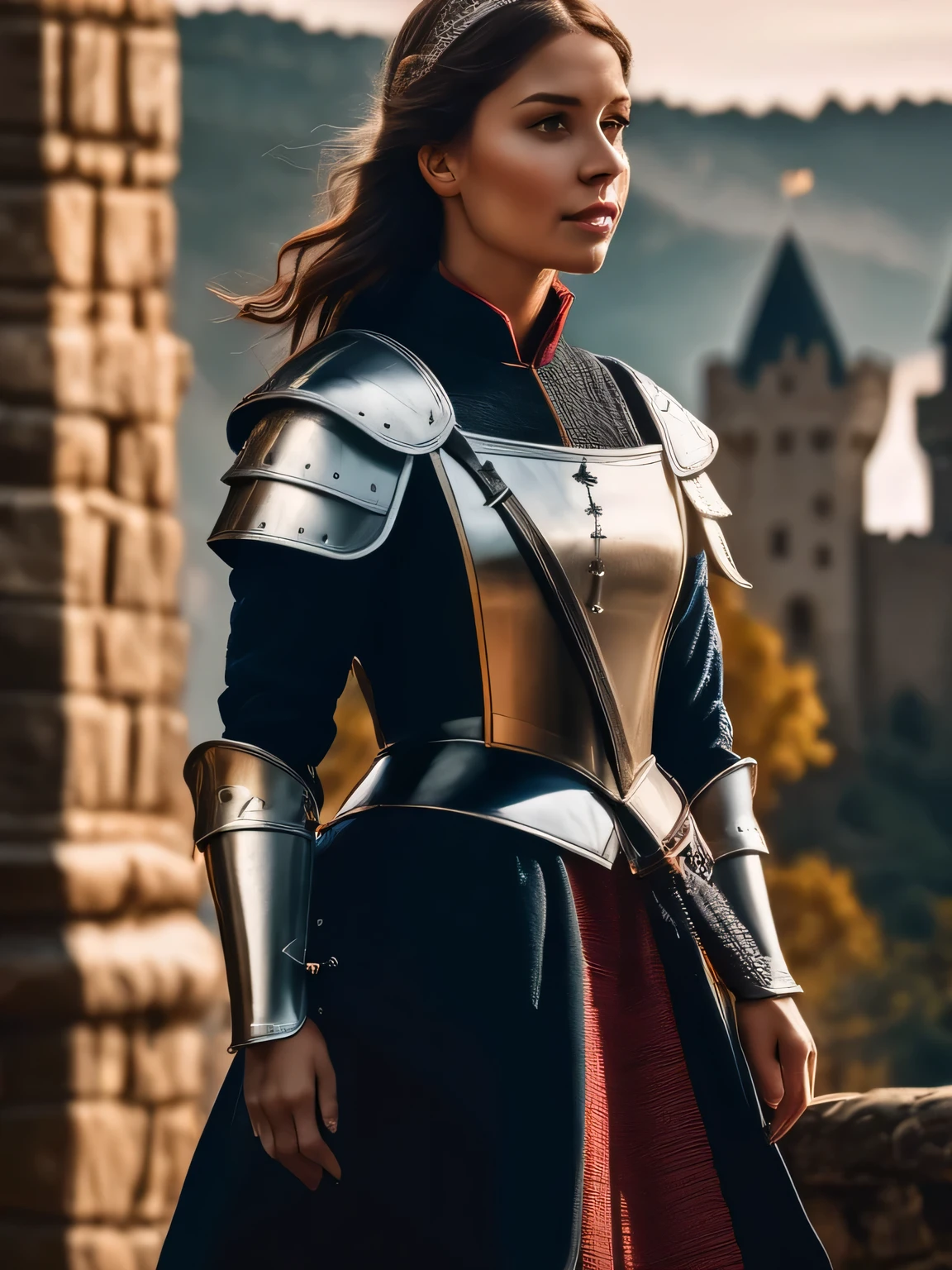 (masterpiece), (extremely intricate:1.3), (realistic), photo of a girl, the most beautiful in the world, (medieval armor), upper body, outdoors, far away castle, professional photograph of a stunning woman detailed, sharp focus, dramatic, award winning, cinematic lighting, volumetrics dtx, (film grain, blurry background, blurry foreground, bokeh, depth of field, sunset, motion blur:1.3), 4k, 8k, hd, hdr