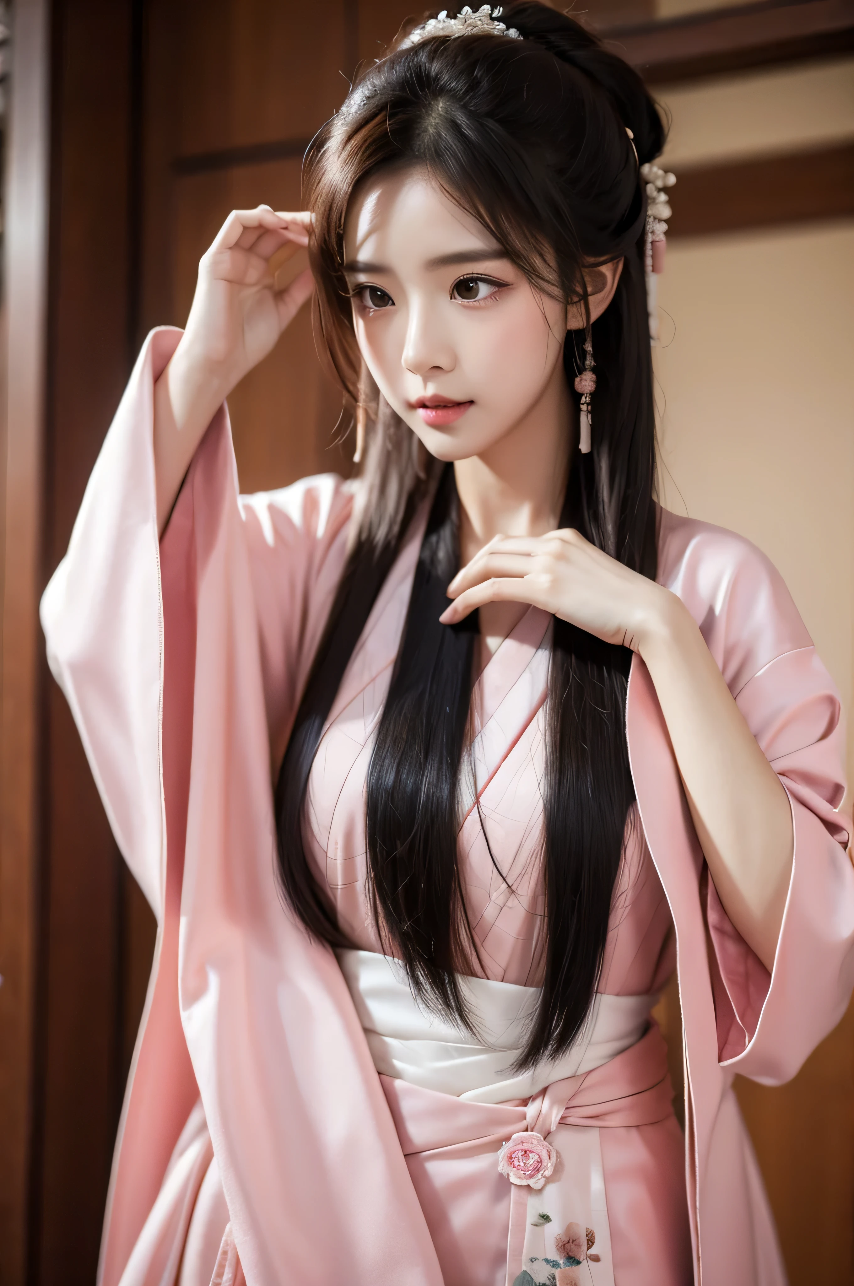 Fair, masterpiece, best quality, extremely detailed face,1 girl, alone，wrap your chest，Pink Hanfu