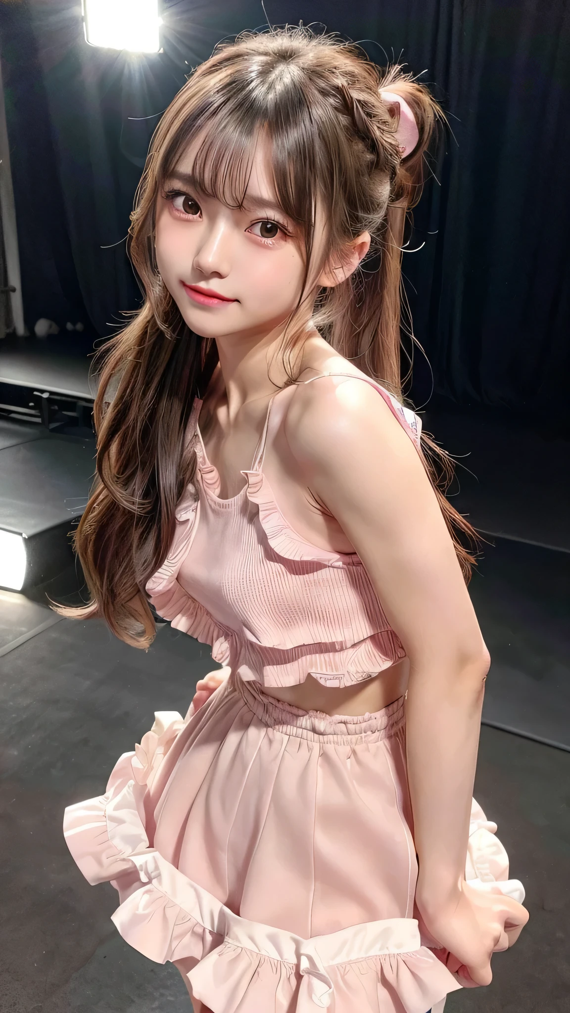 close up of face,blush,face forward,small breasts,,long hair ponytail,on stage,in the spotlight,((8K, Raw photo, best quality, muste piece:1.2), (Reality, photorealistic:1.4), (Highly detailed 8K wallpaper), Depth of the bounds written, cinematic lighting, soft light, detailed beauty eye,Shiny and smooth light brown ponytail, asymmetrical bangs, shiny skin, super detailed skin ,high resolution, high detail, detailed hairstyle, detailed beauty face, hyper real, perfect limbs, perfect anatomy ,1 Japanese girl,famous japanese idol, perfect female body,shy smile,short eyelashes,double-edged eyelids,look straight here,Hair style is ponytail、Pink colored long dress with lots of ruffles, softly shaped skirt, standing on stage,pink ribbon on head,She is wearing a skirt with lots of frills,pose is random,Neat clothes