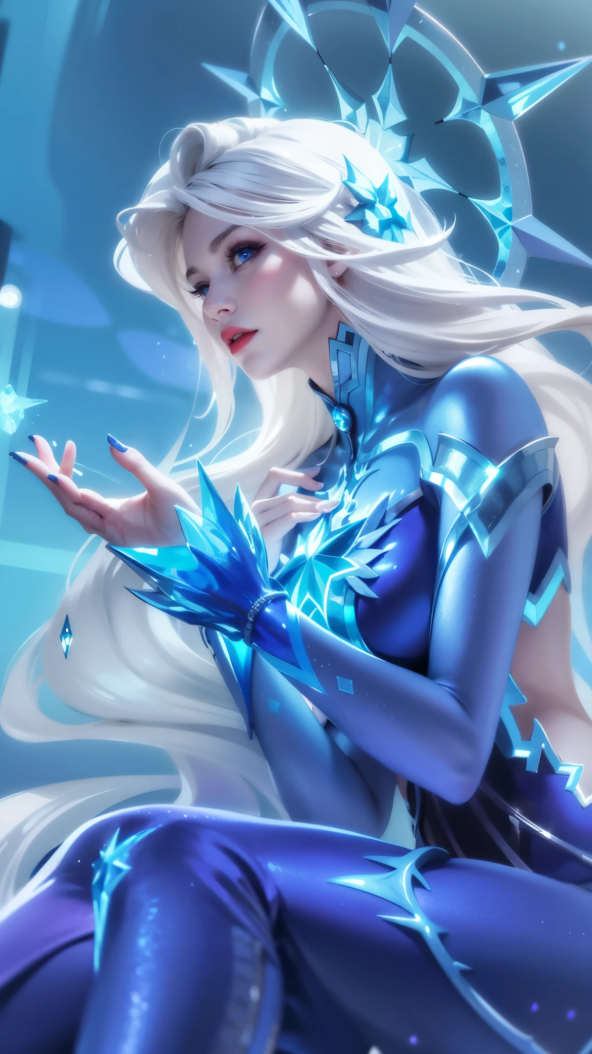 (female:1.2), 8k, ultra hd, ultra detailed texture, hyper realistic, masterpiece, detailed texture, detailed face, detailed skin, detailed lighting, (photorealistic:1.5), best quality, beautiful lighting, cinematic lighting, professional lighting, ultra highres, realistic, detailed hair, real hair, high quality, (realskin:1.5), extremely detailed, finely detail, ultra-detailed, 1girl, solo, standing, demon horns, (blue eyes:1.5), v-shapped eyebrow, lips, red lips, evil smile, nose, make up, pretty, beautiful, long hair, blue hair, high ponytail, large breasts, cleavage, armpit, navel, stomach, black armor, pauldrons, bare shoulders, shoulder armor, thigh high, sleevless, detached sleeves, breastplate, gauntlets, karina \(mobile legends\), depth of field, looking aways, white skin, skin tight, amazing pose, outdoors, glowing, dark view,