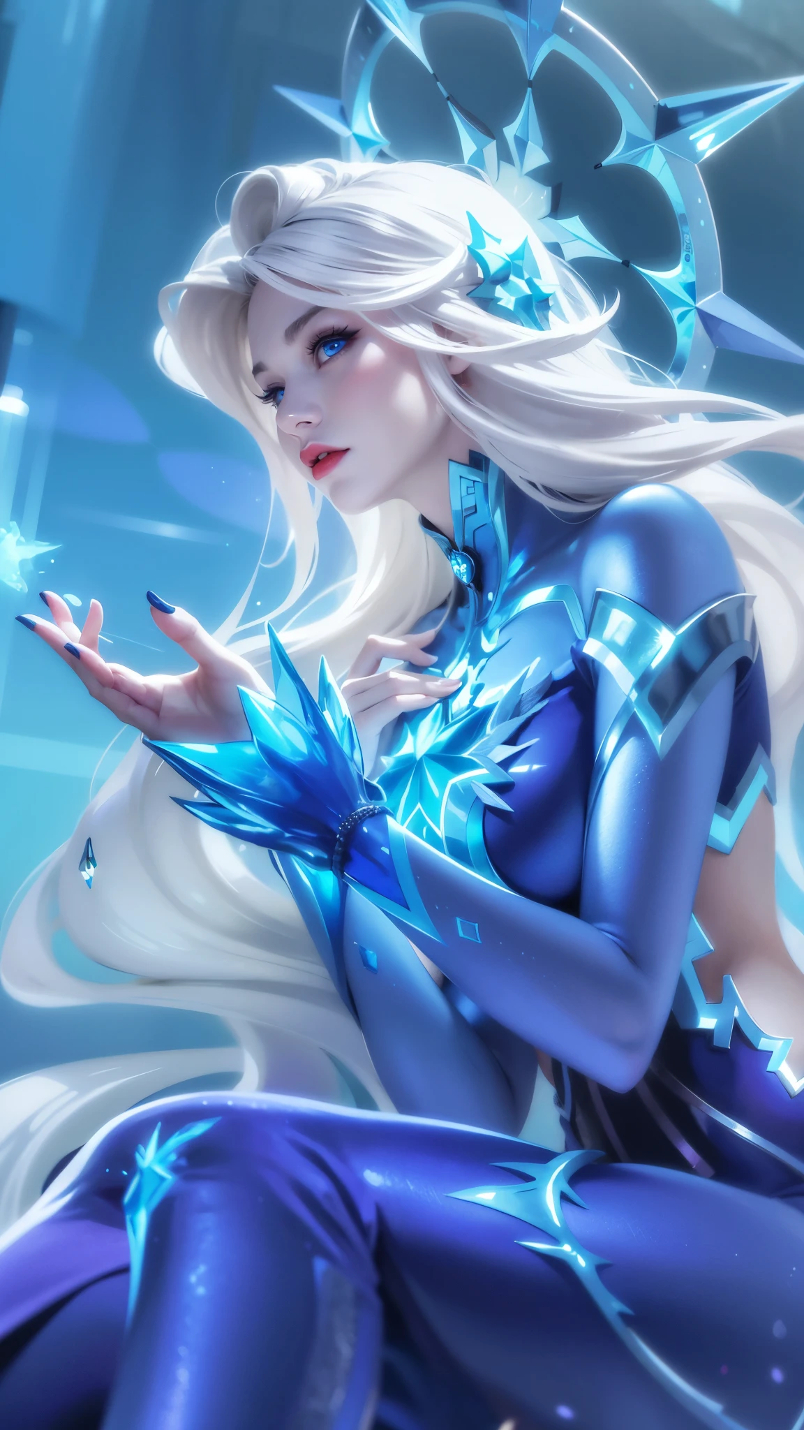 (female:1.2), 8k, ultra hd, ultra detailed texture, hyper realistic, masterpiece, detailed texture, detailed face, detailed skin, detailed lighting, (photorealistic:1.5), best quality, beautiful lighting, cinematic lighting, professional lighting, ultra highres, realistic, detailed hair, real hair, high quality, (realskin:1.5), extremely detailed, finely detail, ultra-detailed, 1girl, solo, standing, demon horns, (blue eyes:1.5), v-shapped eyebrow, lips, red lips, evil smile, nose, make up, pretty, beautiful, long hair, blue hair, high ponytail, large breasts, cleavage, armpit, navel, stomach, black armor, pauldrons, bare shoulders, shoulder armor, thigh high, sleevless, detached sleeves, breastplate, gauntlets, karina \(mobile legends\), depth of field, looking aways, white skin, skin tight, amazing pose, outdoors, glowing, dark view,
