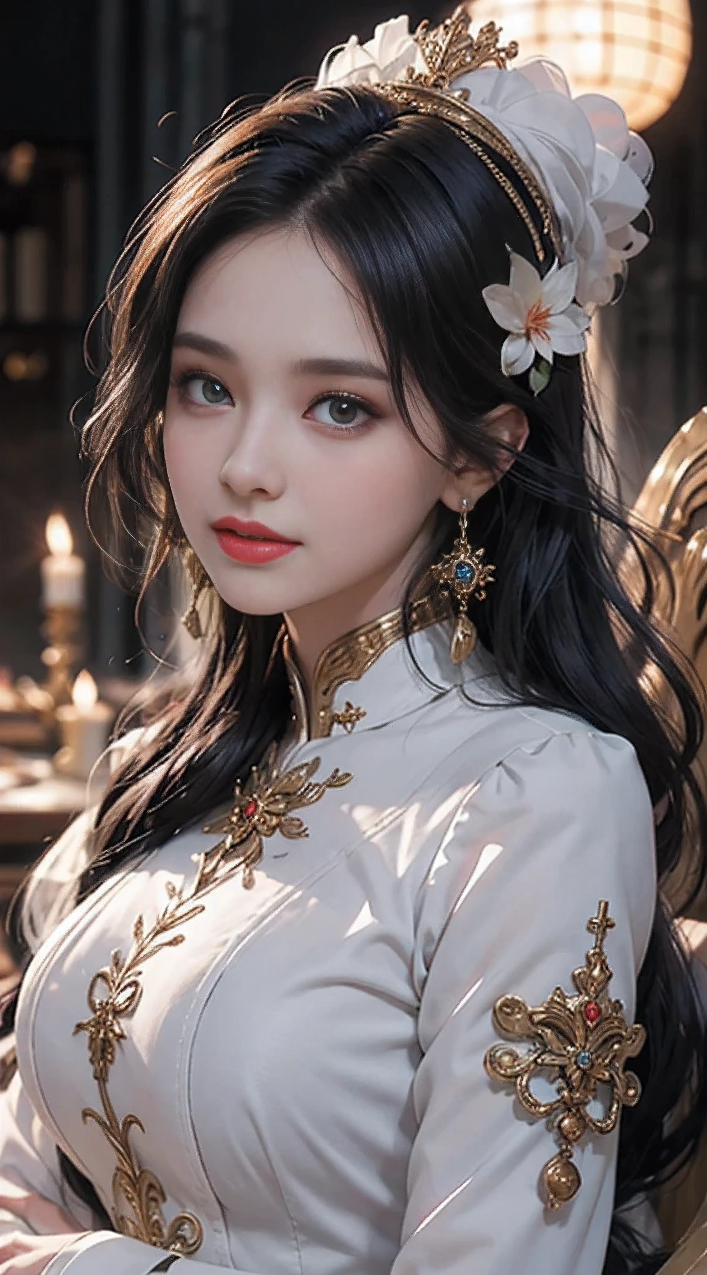Portrait of a young saint of 20 years old, Saint with a beautiful and super cute face,Wearing a very thin and sexy Ao Dai, Beautiful cute face, There is a deep slit in the chest、Black and white lace trim attractive Ao Dai, Beautiful face without blemish, Lovely smile, ((7 colors of hair length:1.2)), Big Crown, Hair brooch, Hamf Dress, Chinese ancient style, Full Body Jewelry, Tattoo on the forehead, The breasts of the female saint are round、It's so full, Breast augmentation surgery, Innocent face, The most beautiful and detailed pale red lipstick, ((thin plump lips:0.3)), Delicate pink and white eyes (White and detailed) Cinematic, Light and Darkness, Dramatic Lighting, magical light, Highly detailed light, True Color, Super sharp, Realistic, The 8k quality, Fantasy universe background, Saints and magical spaces, The most detailed image, Solo, saints, ((See the saint's upper body directly:0.4)), ((Smooth skin:0.5)),