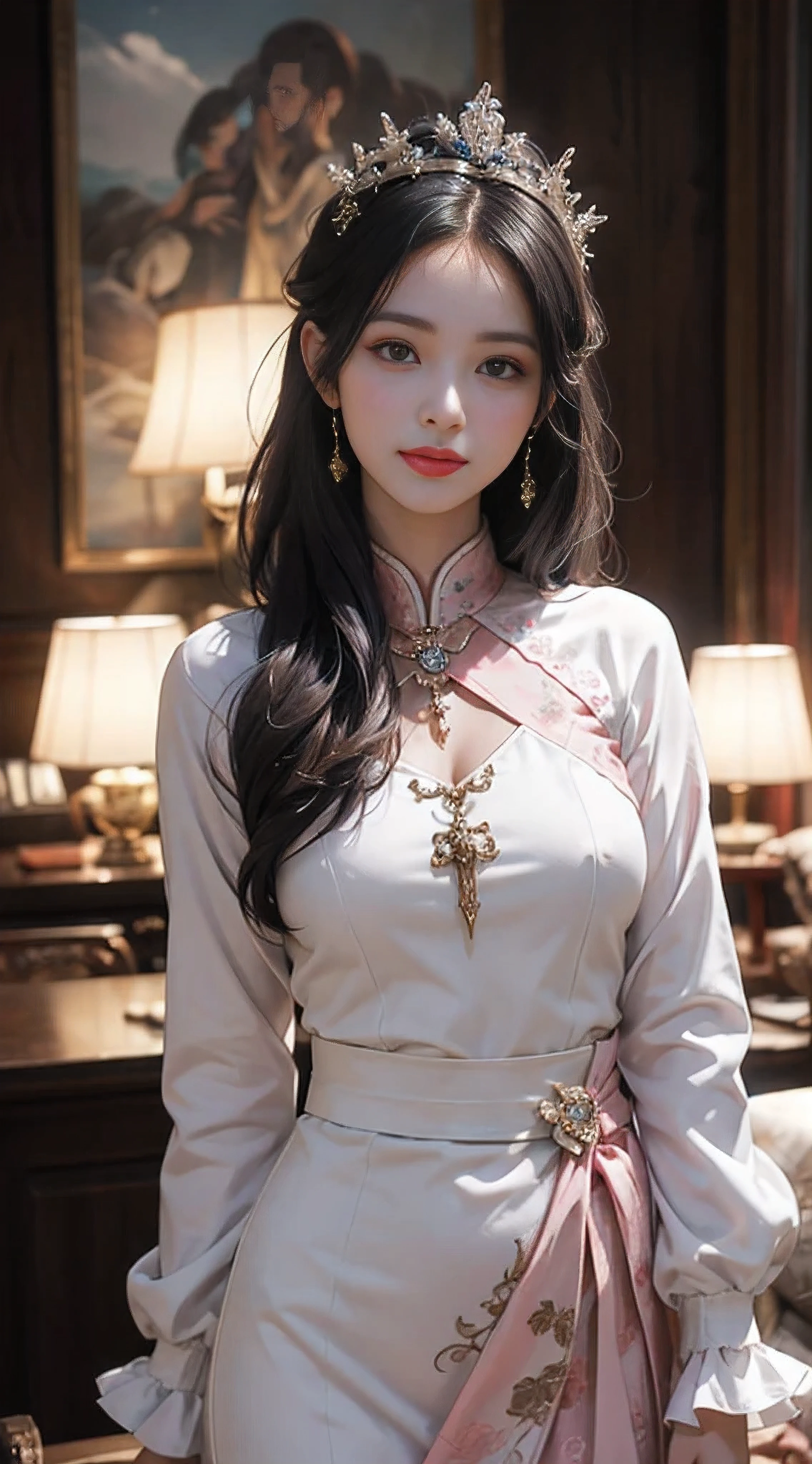 Portrait of a young saint of 20 years old, Saint with a beautiful and super cute face,Wearing a very thin and sexy Ao Dai, Beautiful cute face, There is a deep slit in the chest、Black and white lace trim attractive Ao Dai, Beautiful face without blemish, Lovely smile, ((7 colors of hair length:1.2)), Big Crown, Hair brooch, Hamf Dress, Chinese ancient style, Full Body Jewelry, Tattoo on the forehead, The breasts of the female saint are round、It's so full, Breast augmentation surgery, Innocent face, The most beautiful and detailed pale red lipstick, ((thin plump lips:0.3)), Delicate pink and white eyes (White and detailed) Cinematic, Light and Darkness, Dramatic Lighting, magical light, Highly detailed light, True Color, Super sharp, Realistic, The 8k quality, Fantasy universe background, Saints and magical spaces, The most detailed image, Solo, saints, ((See the saint's upper body directly:0.4)), ((Smooth skin:0.5)),